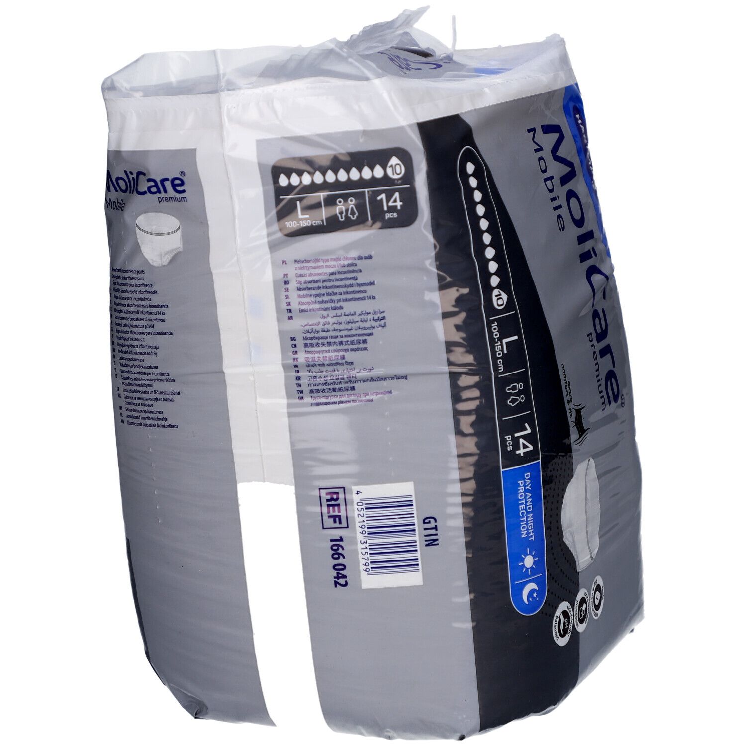 Paquet MoliCare Mobile. Informations produit au dos. Marque Hartmann. Taille L.