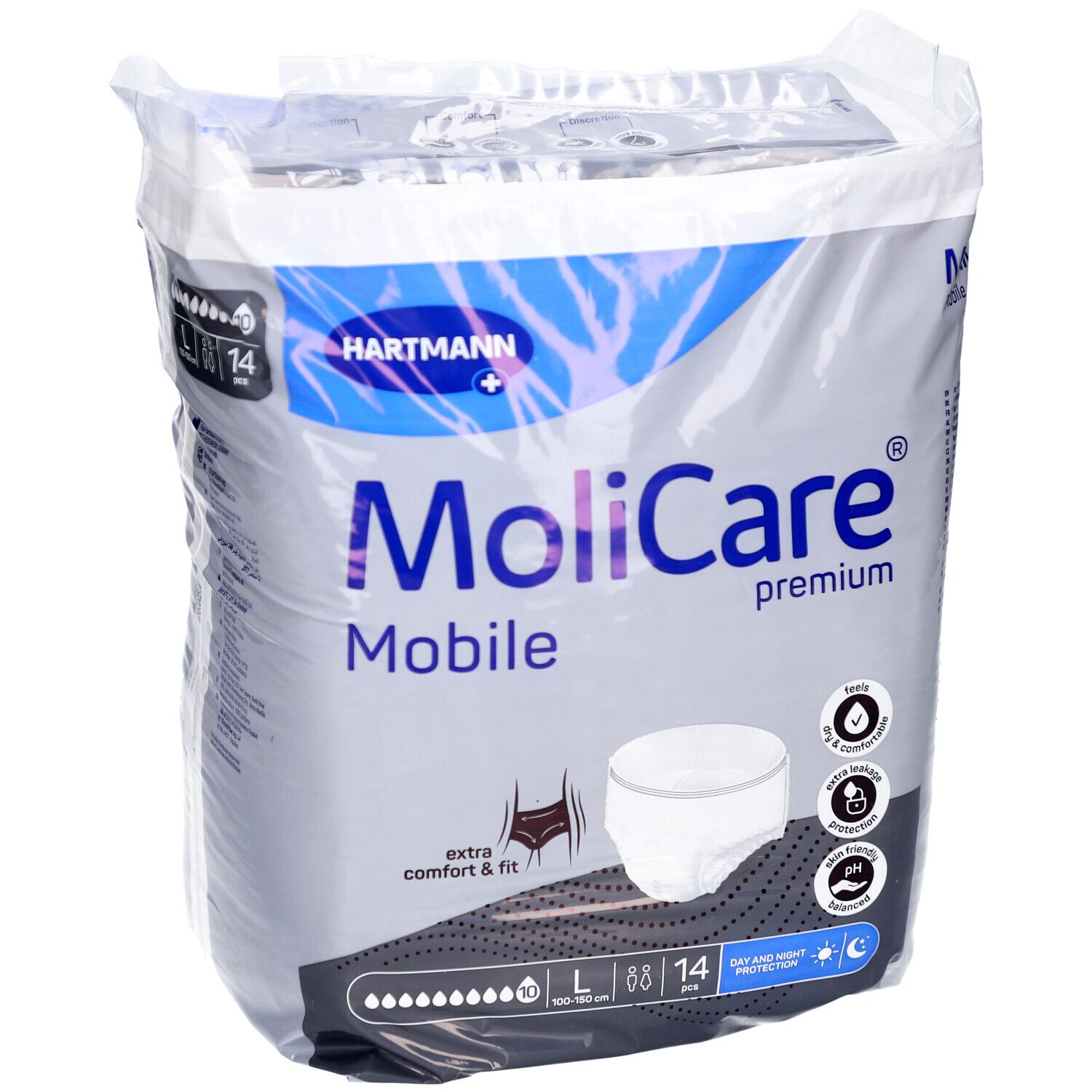 Paquet de MoliCare Mobile. Contient 14 unités, taille L. Marque Hartmann. Confort et ajustement.