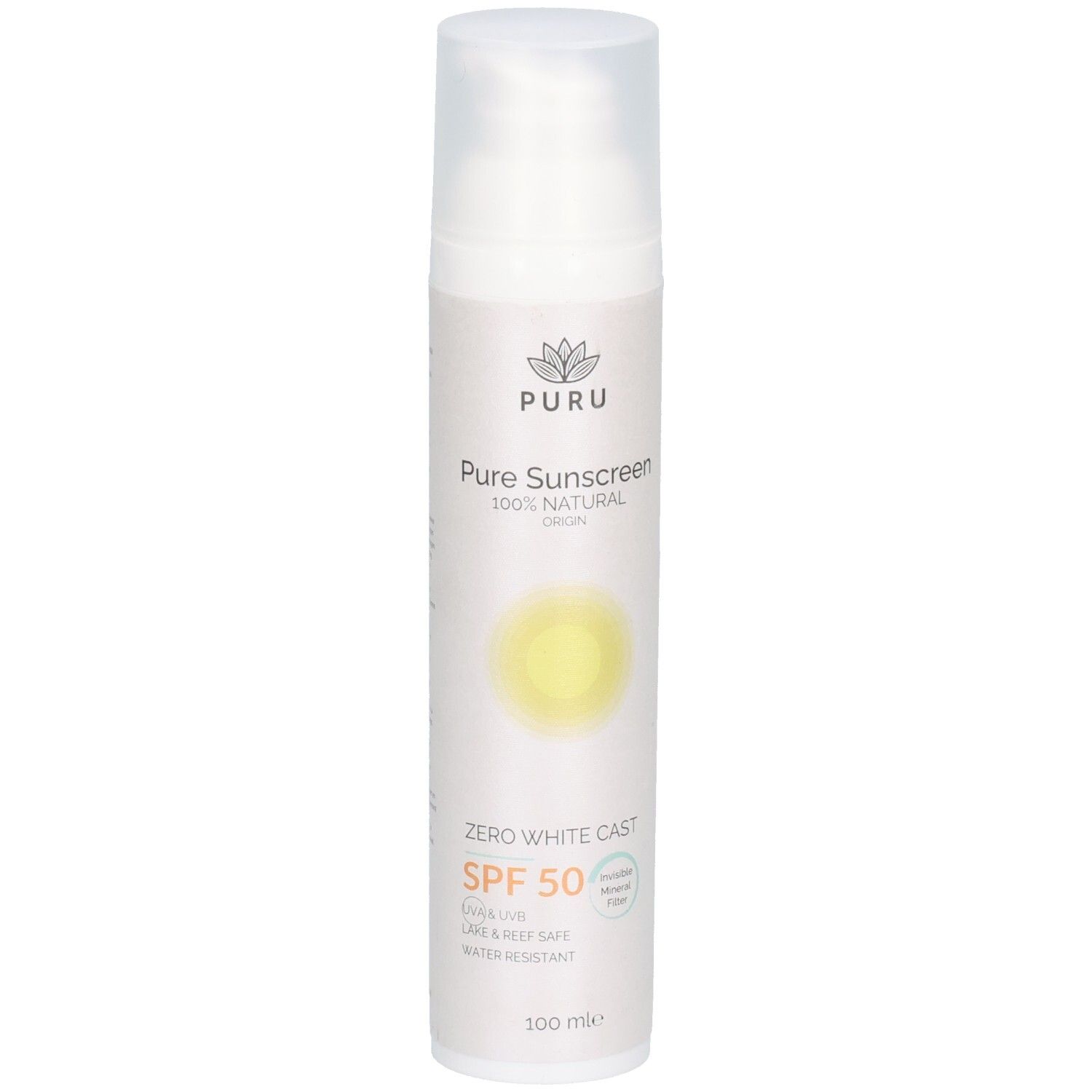 Weisse Flasche mit Sprühkopf. Aufschrift: PURU, Pure Sunscreen, SPF 50. Mit gelbem Sonnen-Symbol. Wasserfest.