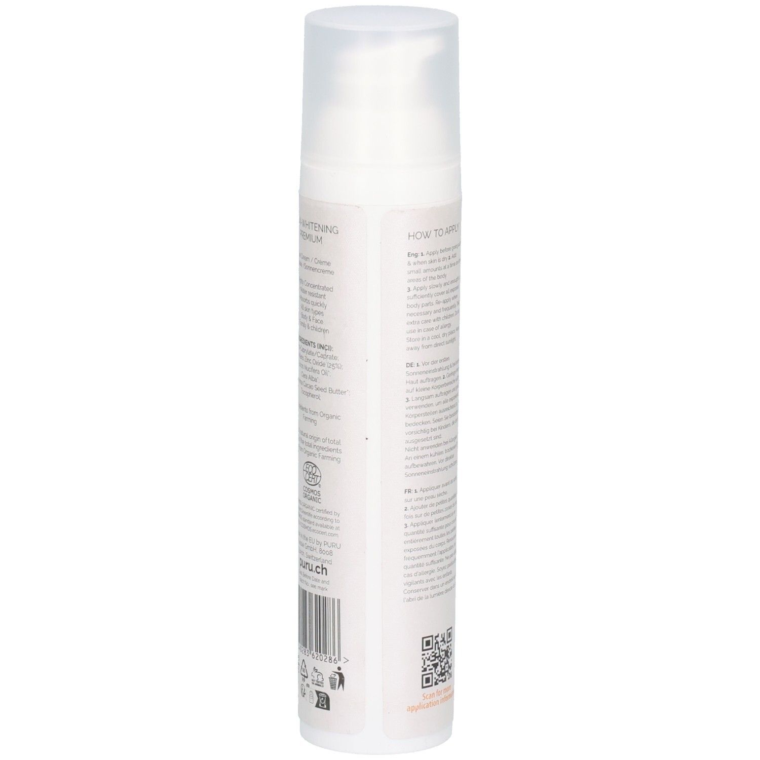 Weisse Flasche mit Text. Aufschrift: Whitening Serum. QR-Code. Text in mehreren Sprachen. Rückseite der Sonnencreme.