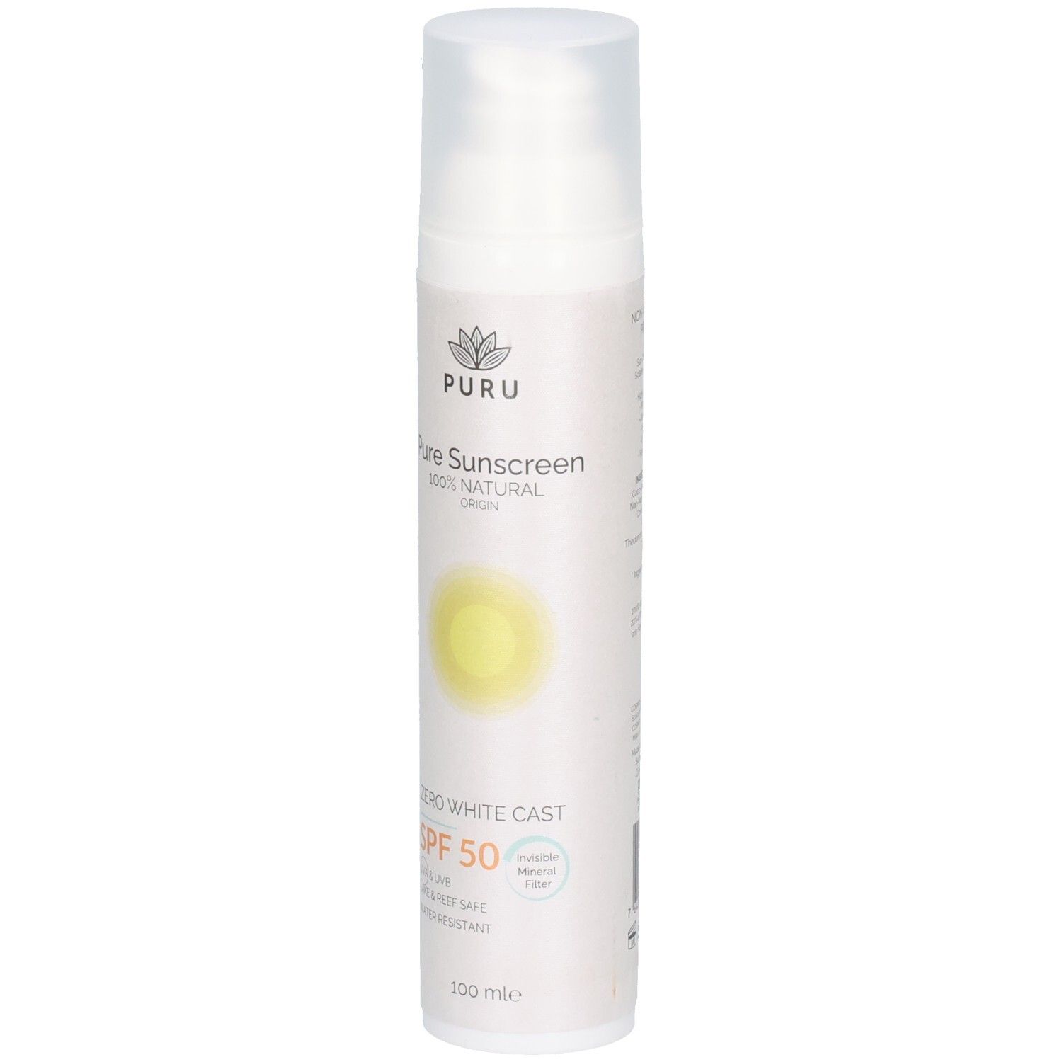 Weisse Flasche mit Sprühkopf. Aufschrift: PURU, Pure Sunscreen, SPF 50. Mit gelbem Sonnen-Symbol. Wasserfest.