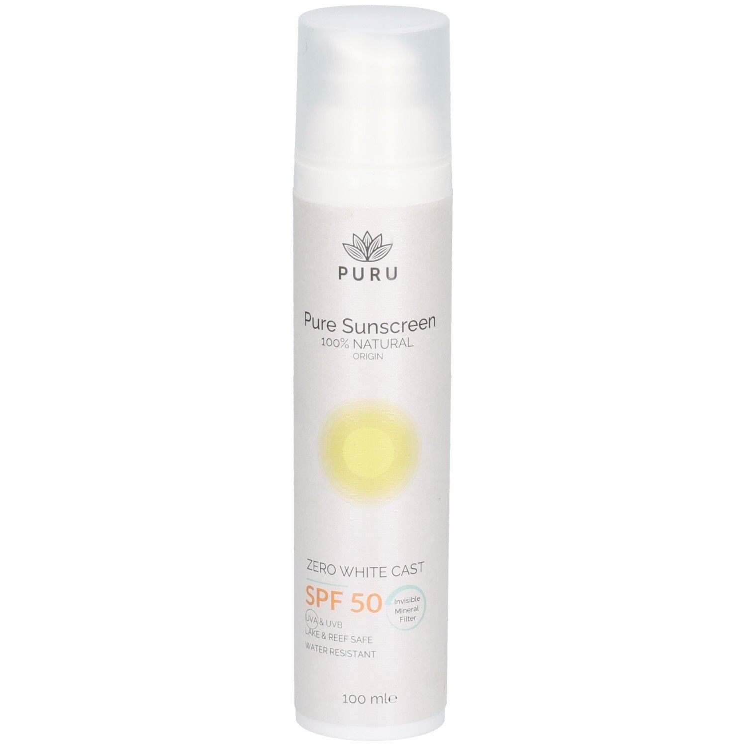 Weisse Flasche mit Sprühkopf. Aufschrift: PURU, Pure Sunscreen, SPF 50. Mit gelbem Sonnen-Symbol. Wasserfest.