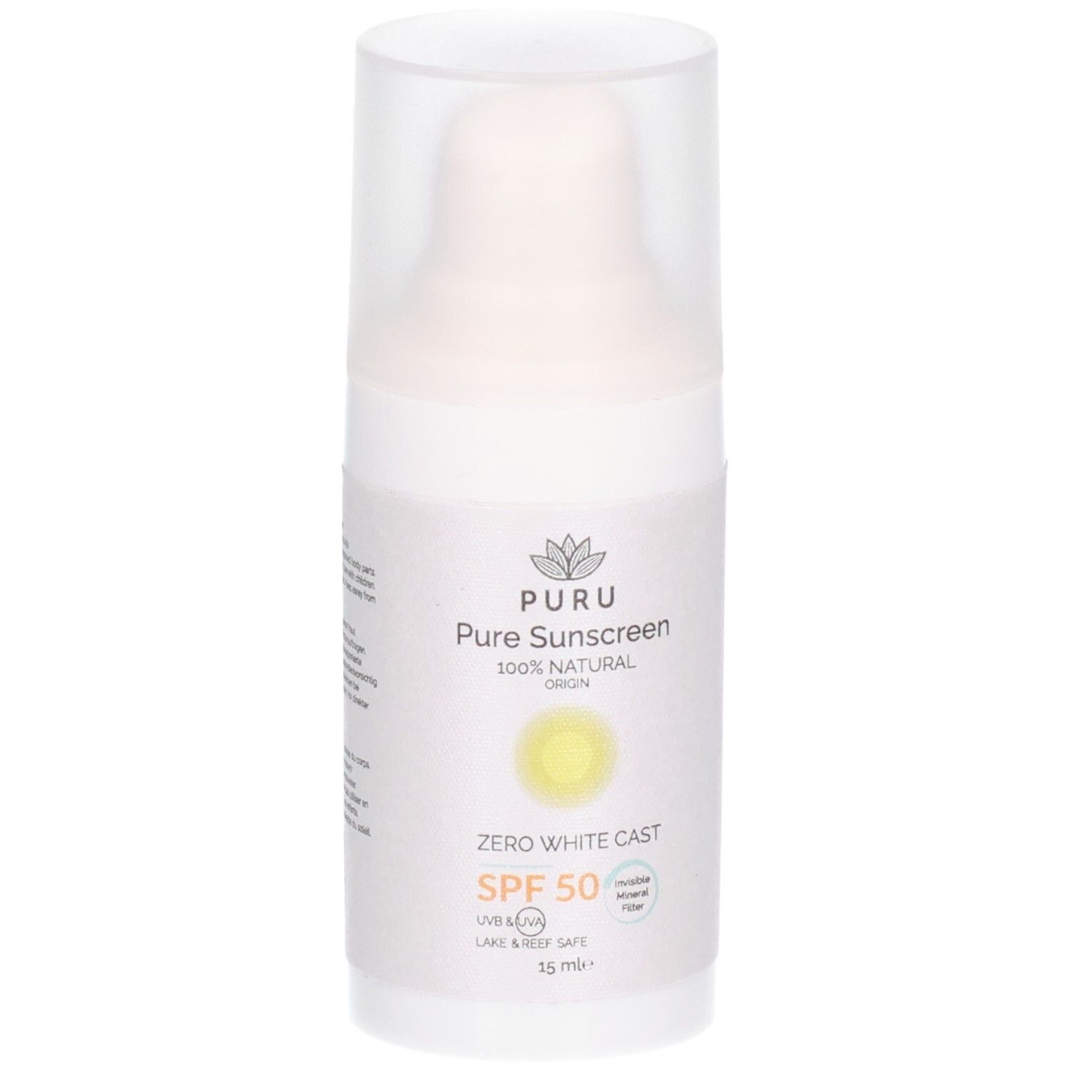 Weiße Sonnencreme-Flasche mit transparentem Deckel. Aufschrift: PURU Pure Sonnencreme SPF50. 100% Natural Origin. Zero White Cast. 15 ml.