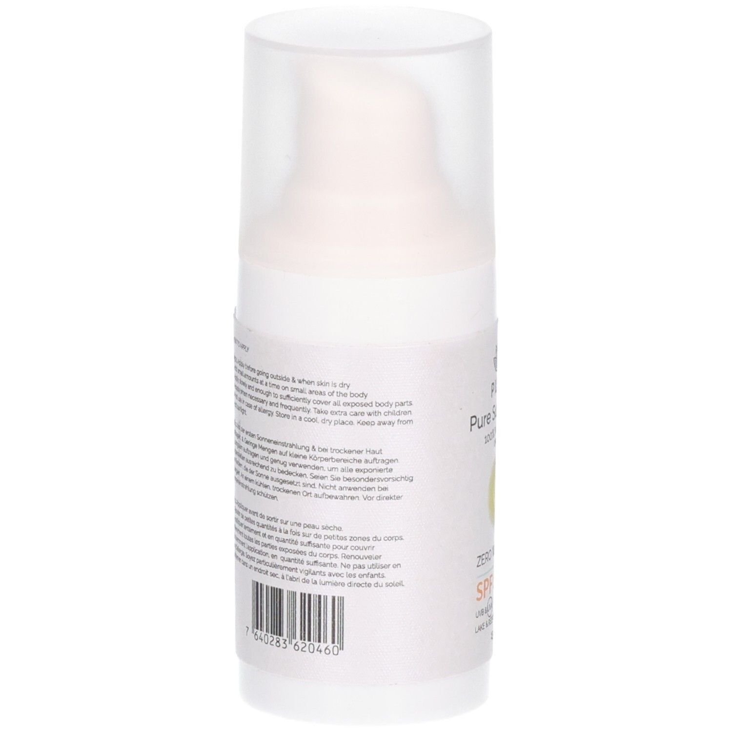 Rückseite der Sonnencreme-Flasche. Text auf weißem Hintergrund. Enthält Informationen zur Anwendung und Inhaltsstoffe. Barcode unten.