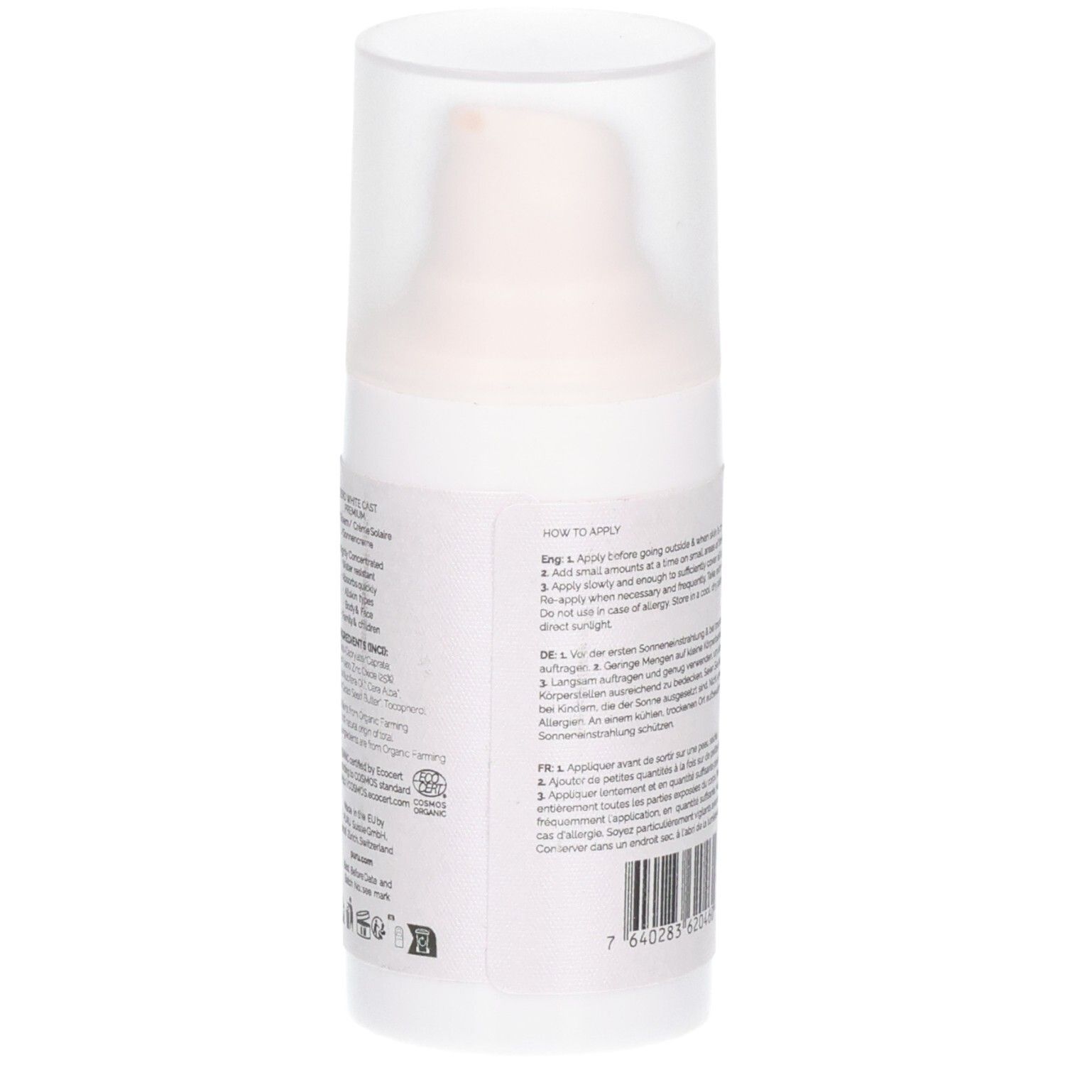 Rückseite der Sonnencreme-Flasche. Text auf weißem Hintergrund. Enthält Anwendungshinweise in verschiedenen Sprachen. Barcode unten.