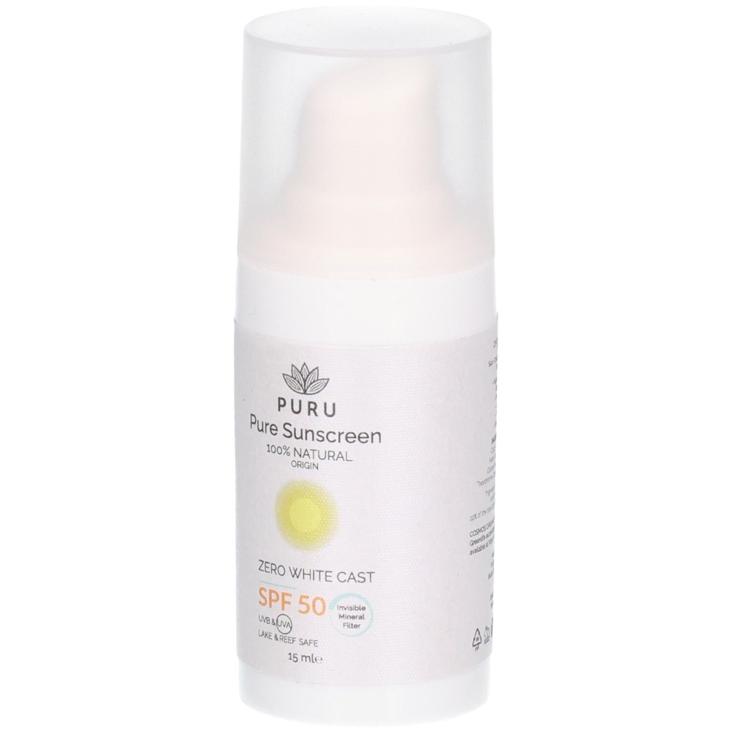 Weiße Sonnencreme-Flasche mit transparentem Deckel. Aufschrift: PURU Pure Sonnencreme SPF50. 100% Natural Origin. Zero White Cast. 15 ml.