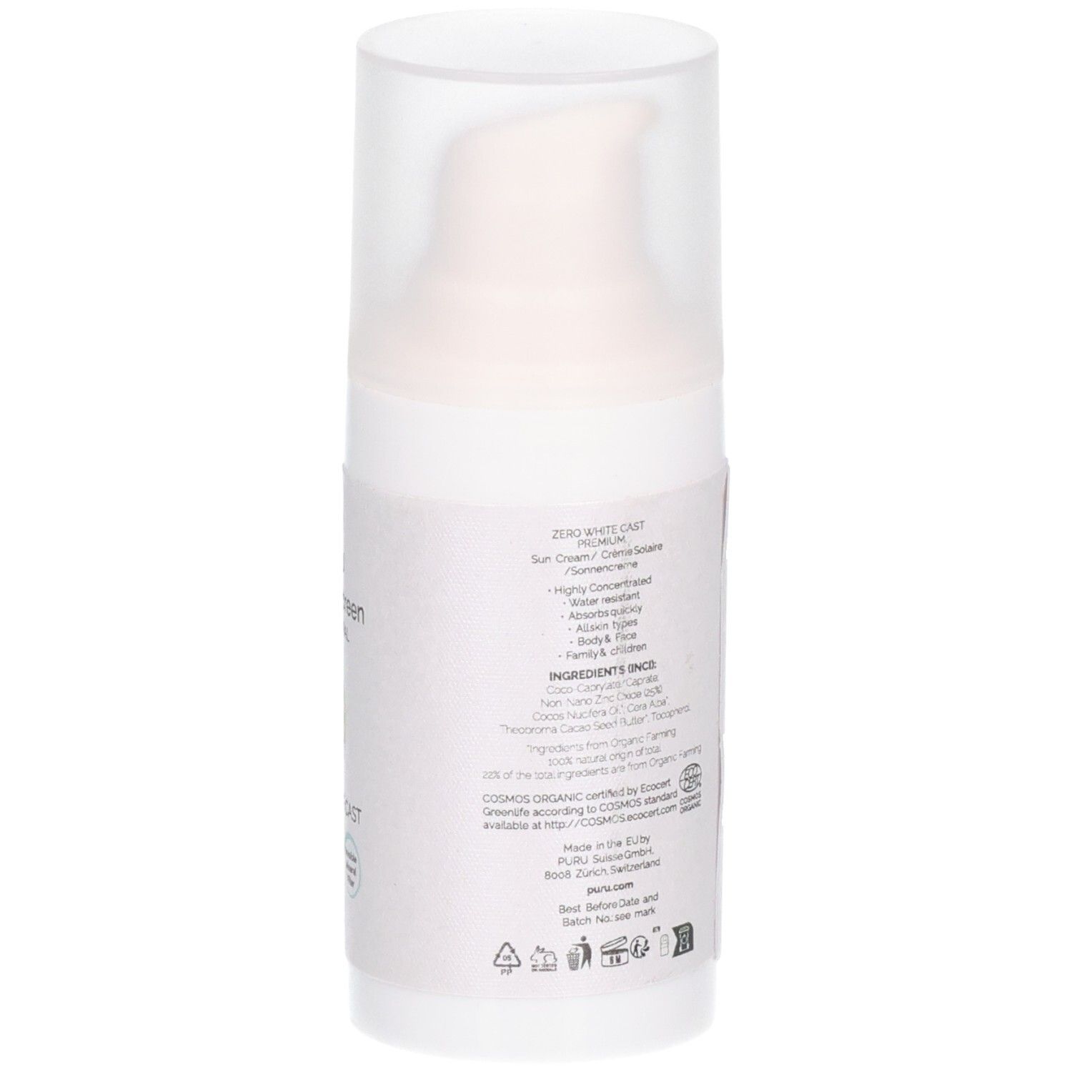 Rückseite der Sonnencreme-Flasche. Text auf weißem Hintergrund. Enthält Inhaltsstoffe und Zertifizierungsinformationen. Barcode unten.
