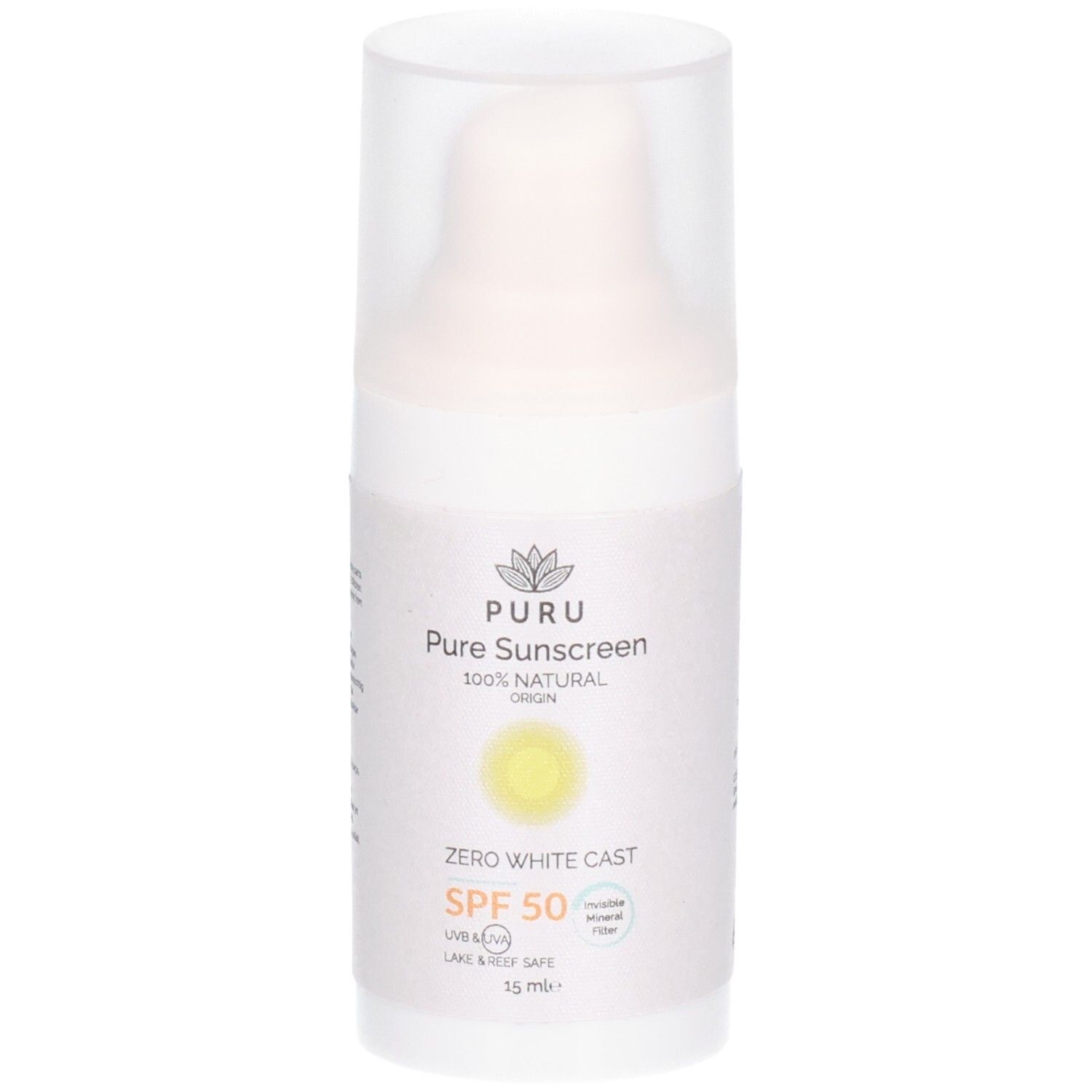 Weiße Sonnencreme-Flasche mit transparentem Deckel. Aufschrift: PURU Pure Sonnencreme SPF50. 100% Natural Origin. Zero White Cast. 15 ml.