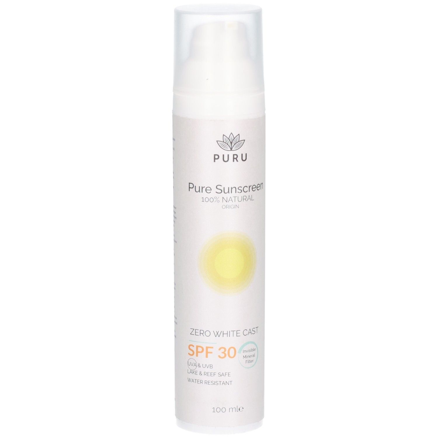 Weiße Flasche mit Dosierkopf. Aufschrift: PURU Pure Sunscreen SPF30. Gelbes Sonnen-Symbol. Text: Zero White Cast, wasserfest.