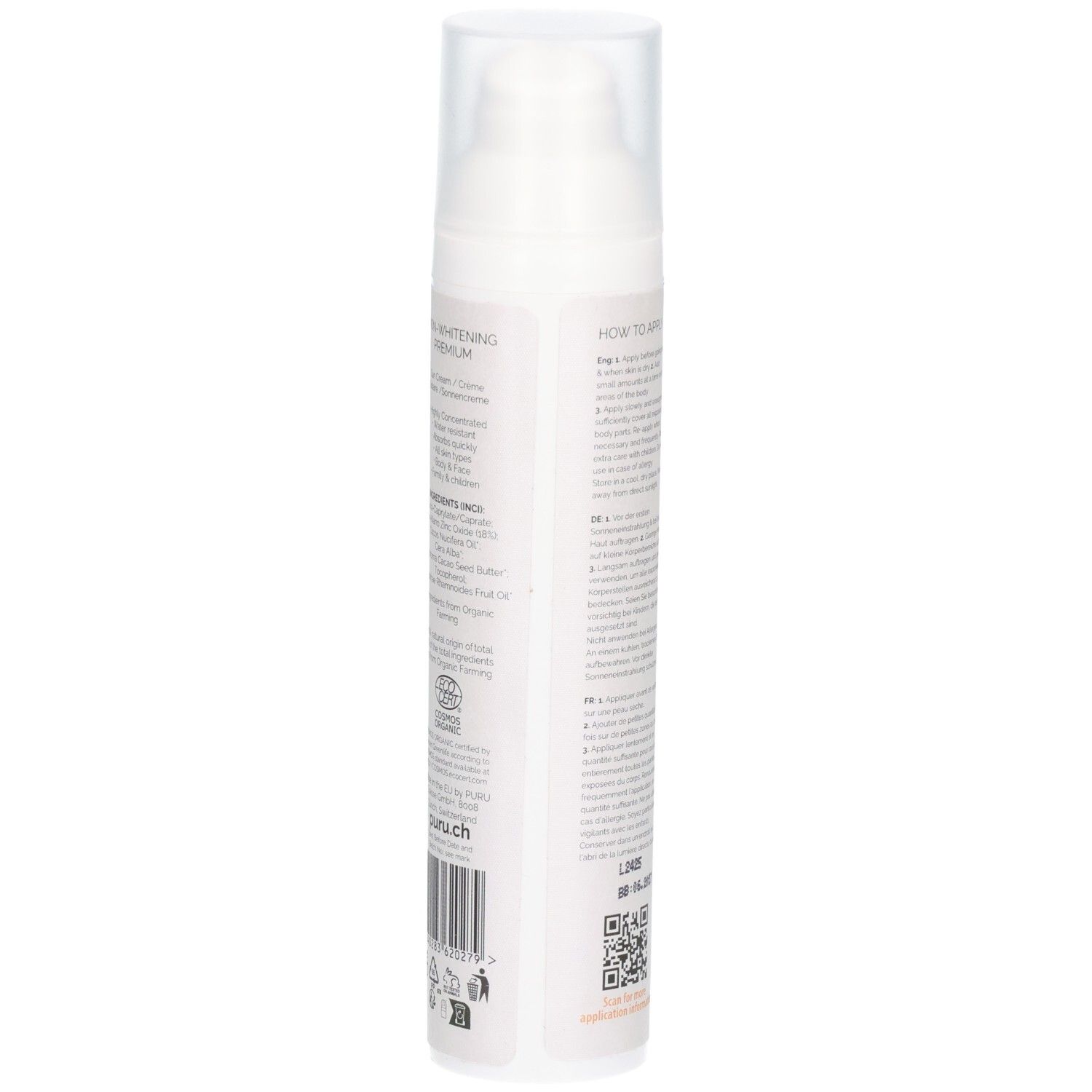 Weiße Flasche mit Text. Aufschrift: Whitening Serum. Inhaltsstoffe. Text in Deutsch und Englisch. Bio-Zertifizierung.