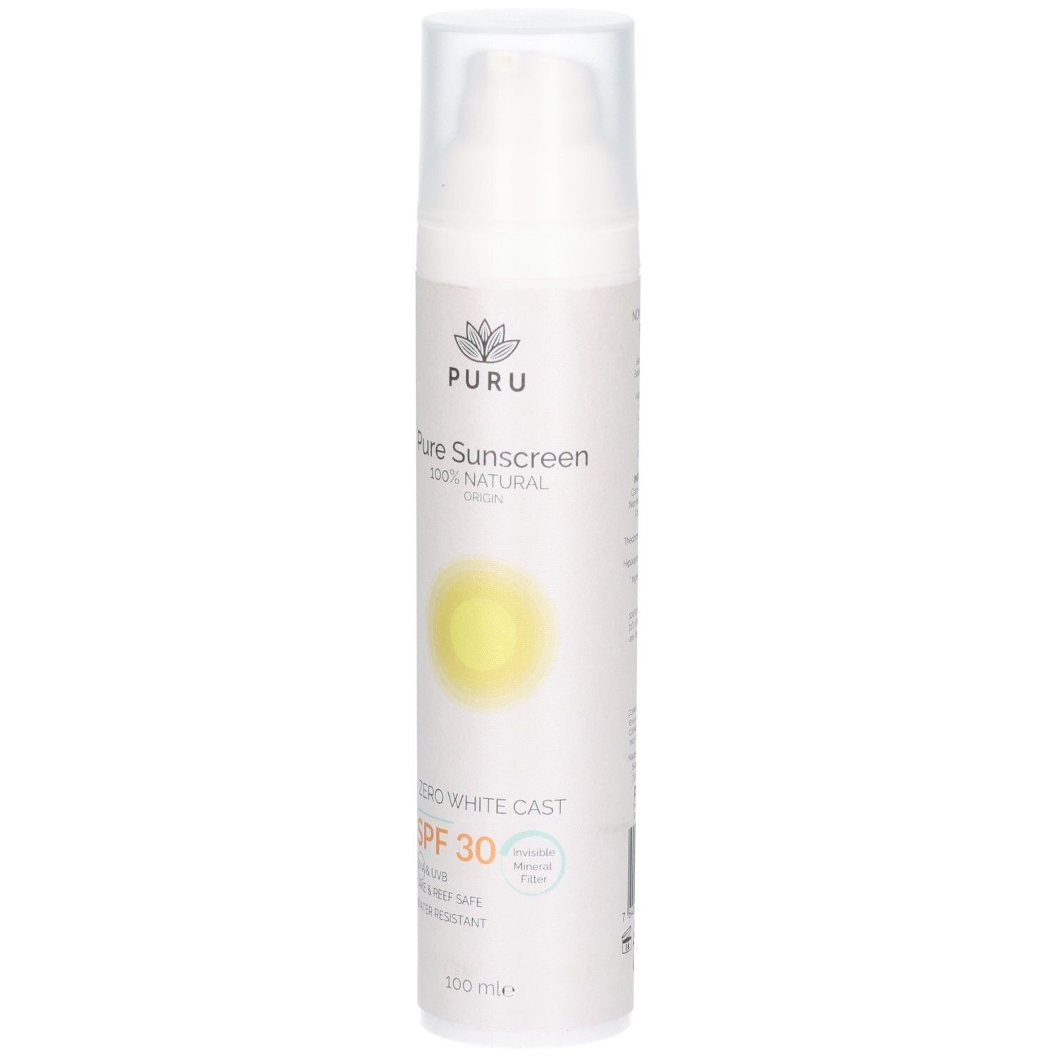 Weiße Flasche mit Dosierkopf. Aufschrift: PURU Pure Sunscreen SPF30. Gelbes Sonnen-Symbol. Text: Zero White Cast, wasserfest.