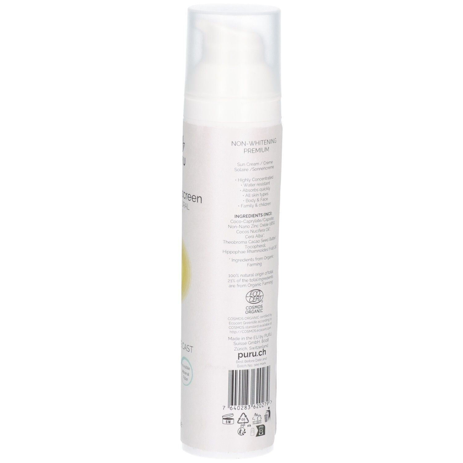 Weiße Flasche mit Text. Aufschrift: Non-Whitening Premium. Inhaltsstoffe. Text in Deutsch und Englisch. Bio-Zertifizierung.