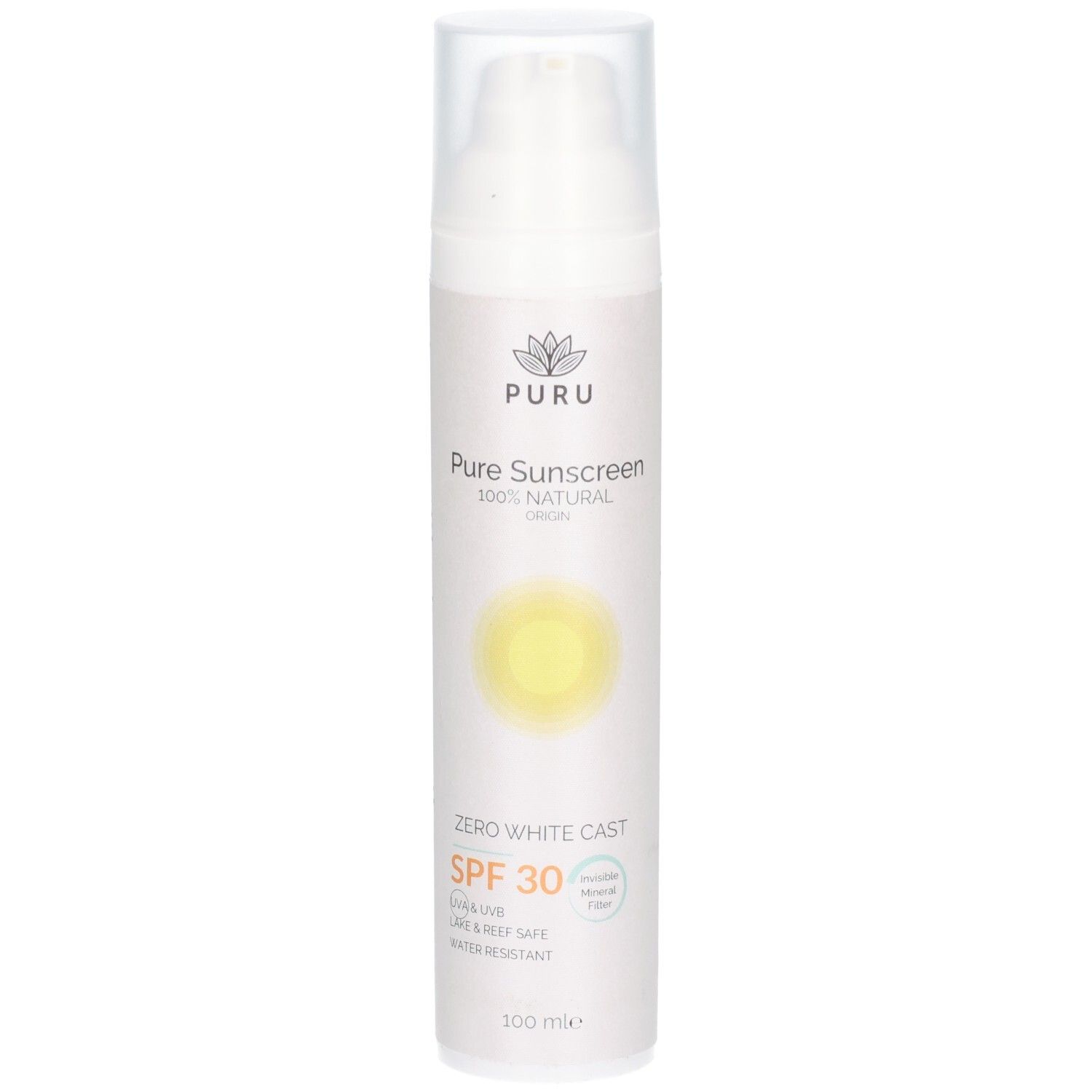 Weiße Flasche mit Dosierkopf. Aufschrift: PURU Pure Sunscreen SPF30. Gelbes Sonnen-Symbol. Text: Zero White Cast, wasserfest.
