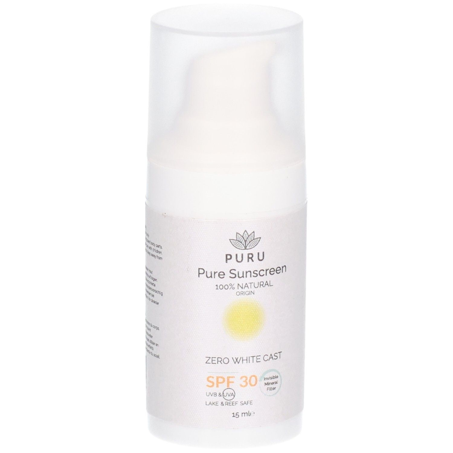 Weiße Sonnencreme-Flasche mit transparentem Deckel. Aufschrift: PURU Pure Sonnencreme SPF30. Gelbes Sonnen-Symbol. 15 ml.