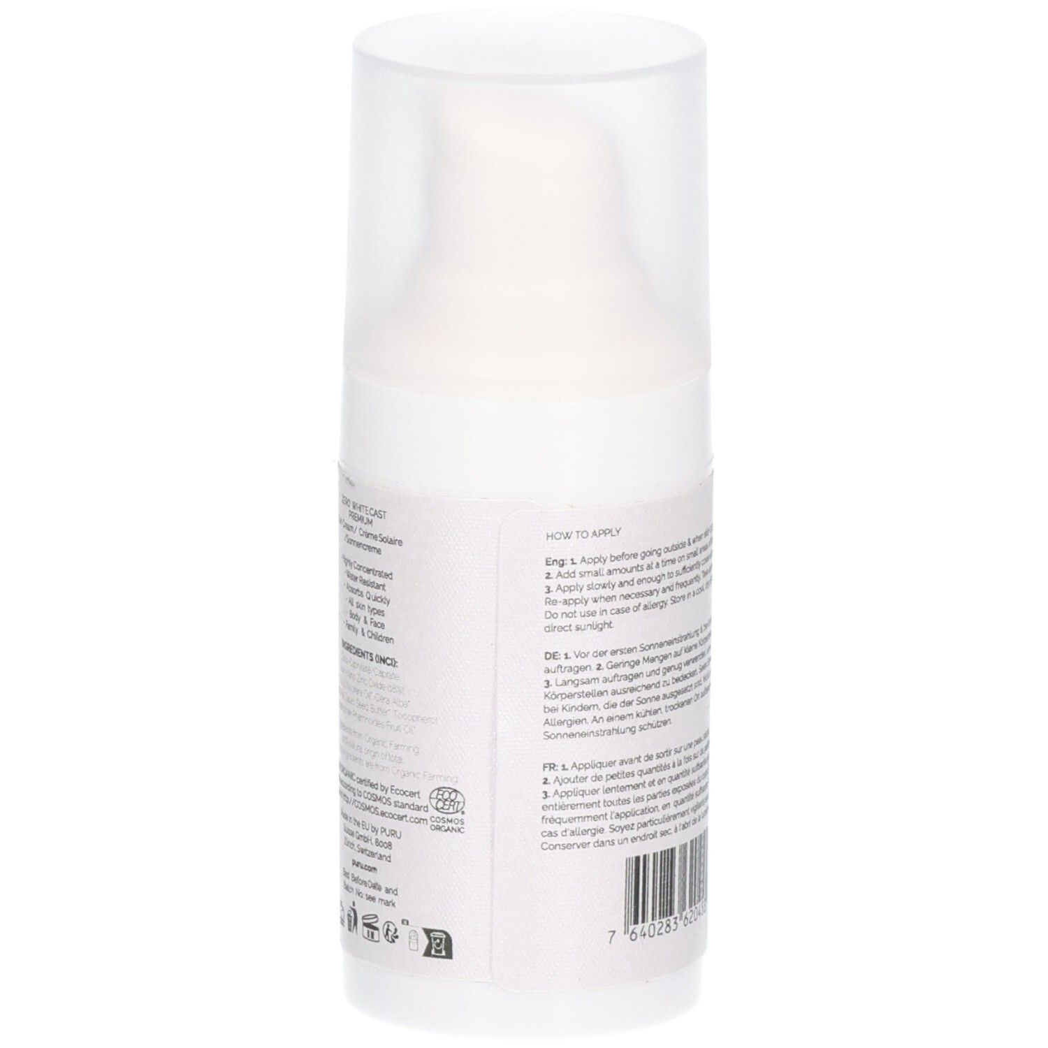 Sonnencreme-Flasche mit transparentem Deckel. Text mit Anwendungshinweisen. Barcode unten.