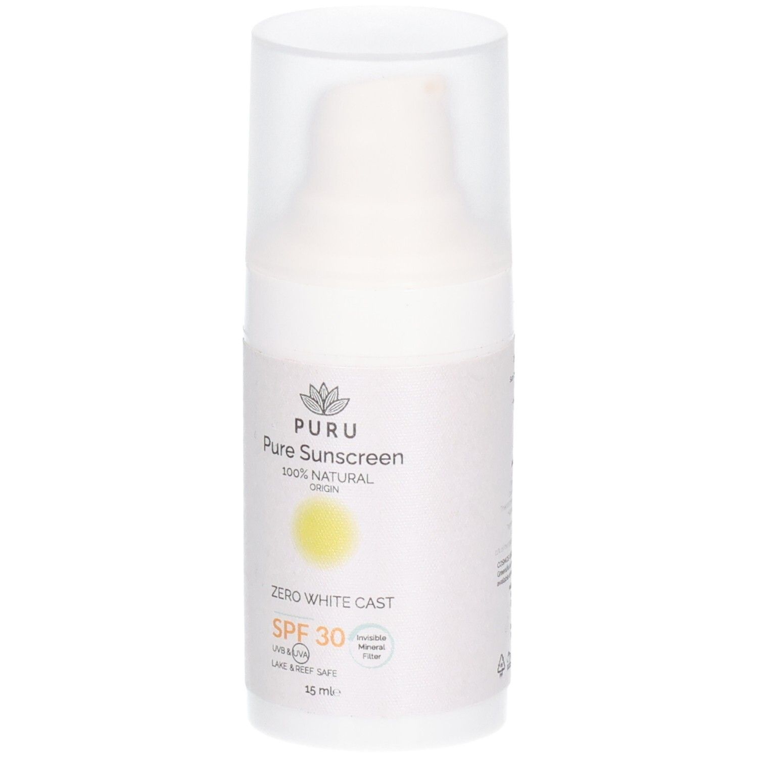 Weiße Sonnencreme-Flasche mit transparentem Deckel. Aufschrift: PURU Pure Sonnencreme SPF30. Gelbes Sonnen-Symbol. 15 ml.
