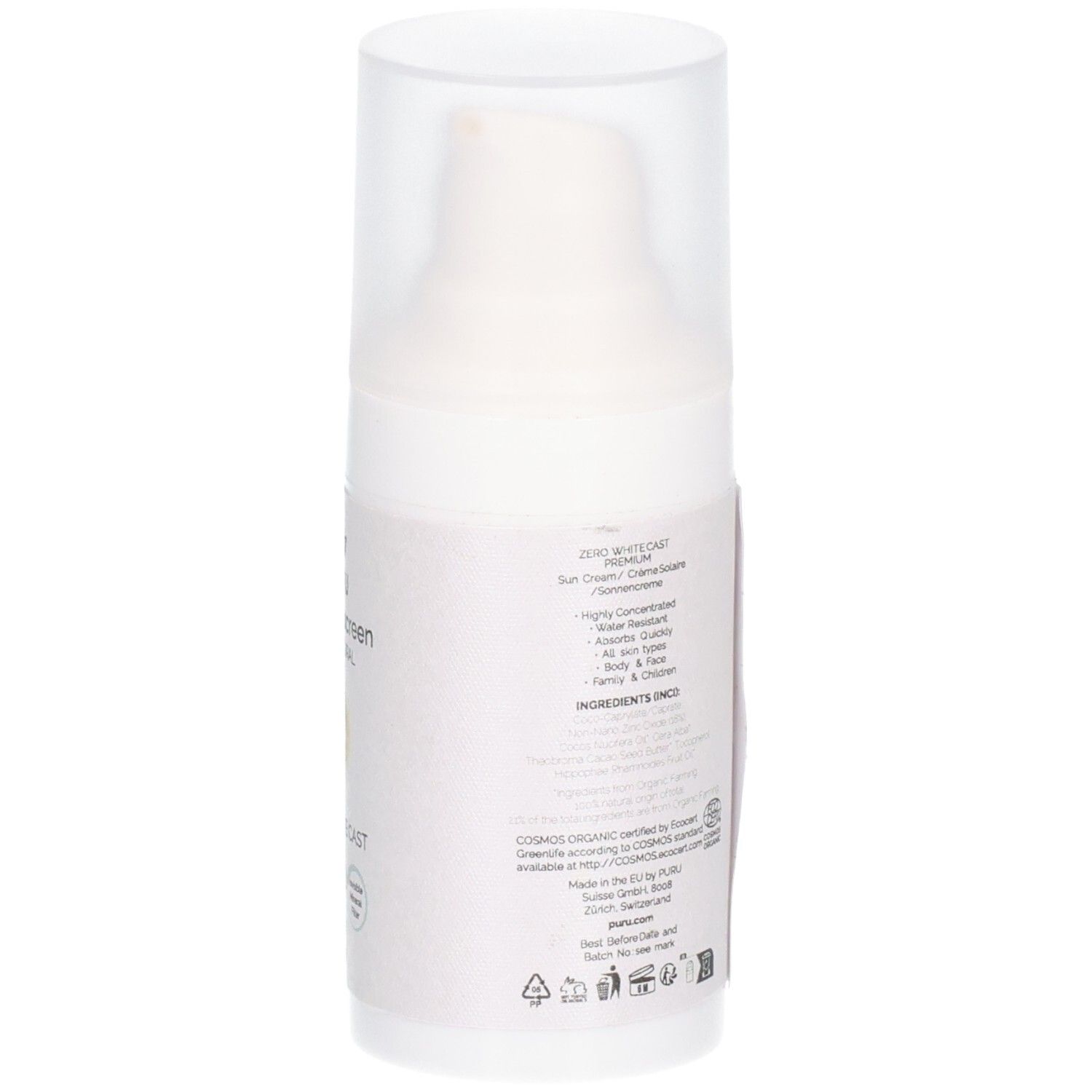 Sonnencreme-Flasche mit transparentem Deckel. Text auf dem Etikett. Logos und Symbole. Weißes Gehäuse.