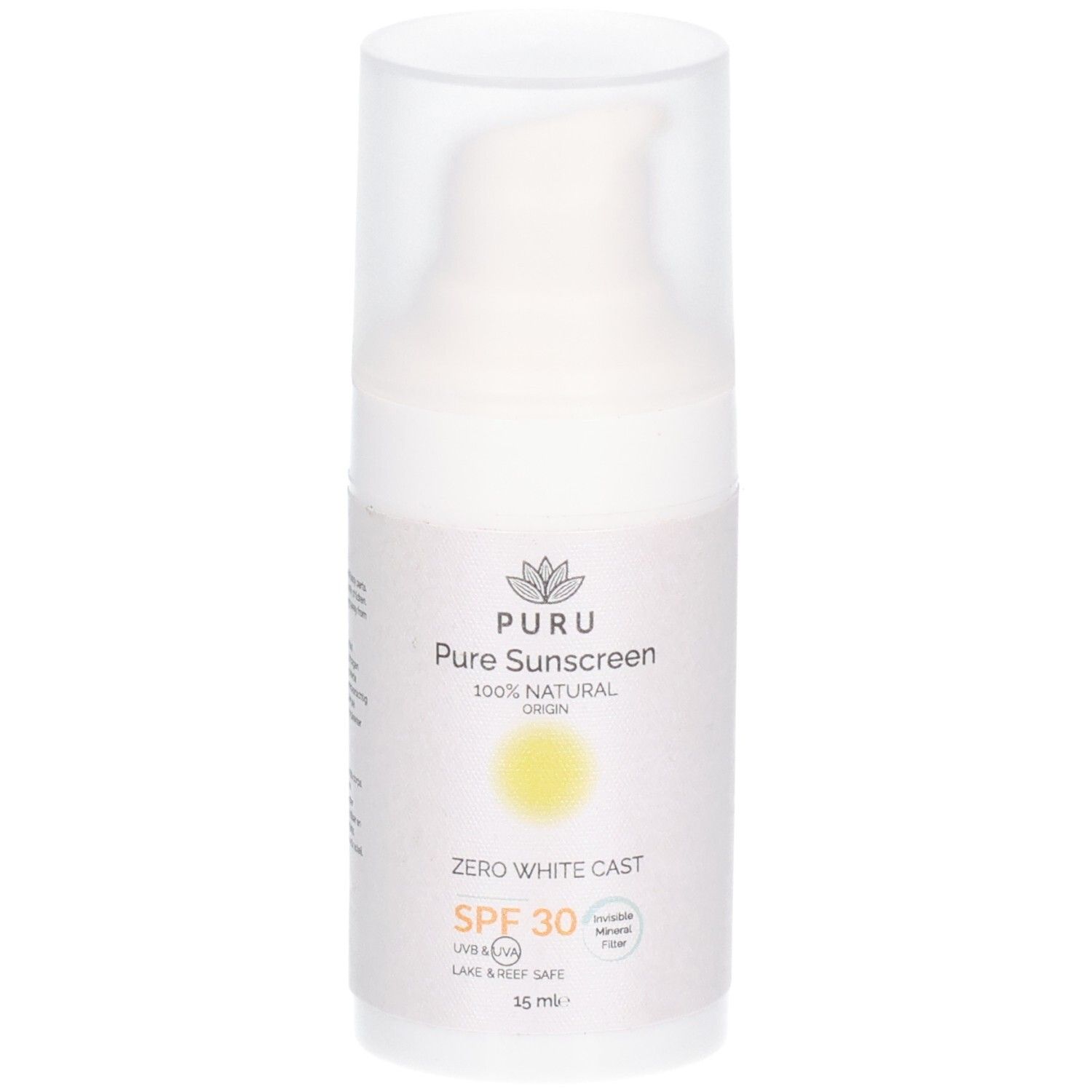 Weiße Sonnencreme-Flasche mit transparentem Deckel. Aufschrift: PURU Pure Sonnencreme SPF30. Gelbes Sonnen-Symbol. 15 ml.