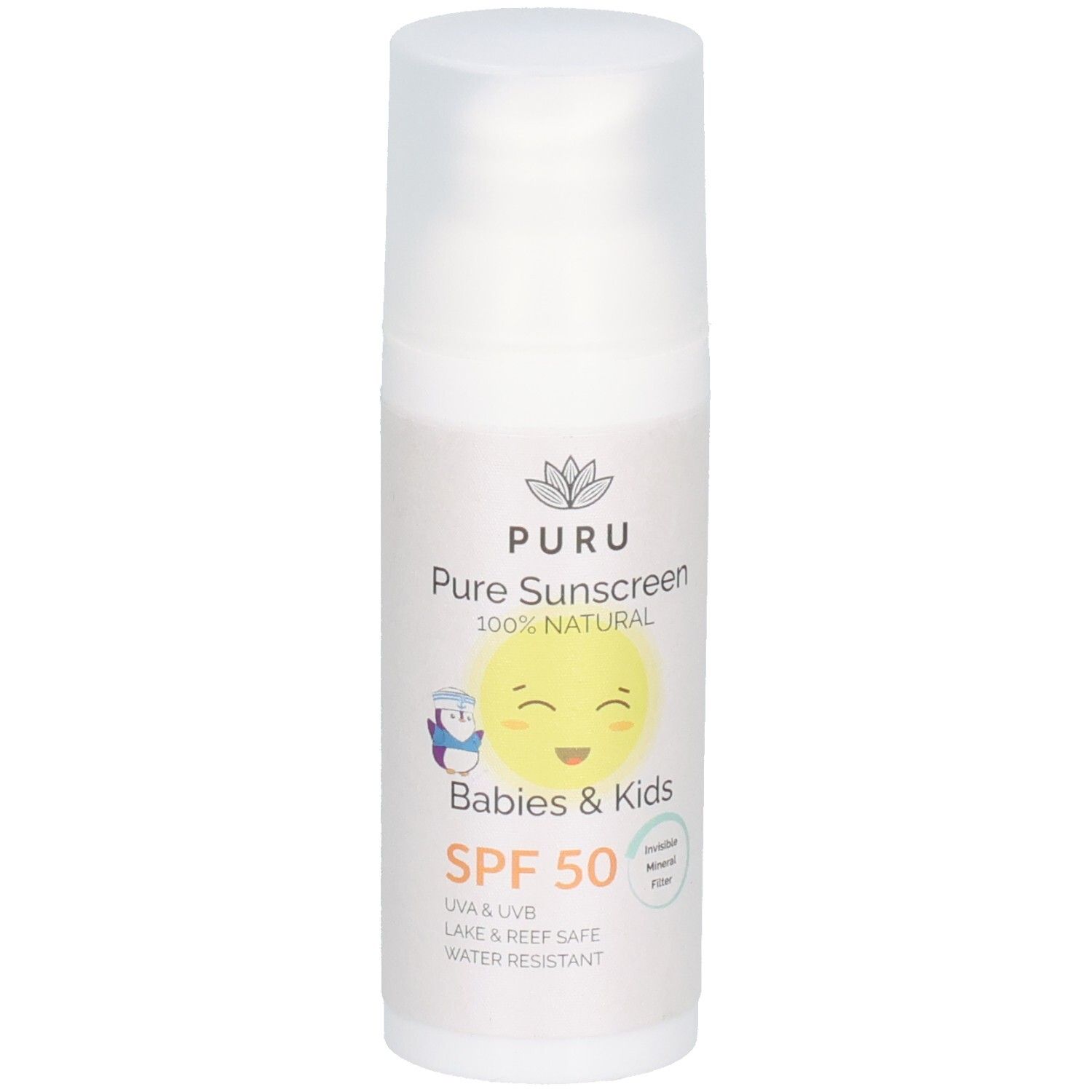 Weiße Sonnencreme-Flasche mit Pumpverschluss. Aufschrift: PURU Pure Sonnencreme Babys&Kinder SPF50. Mit Smiley-Illustration.