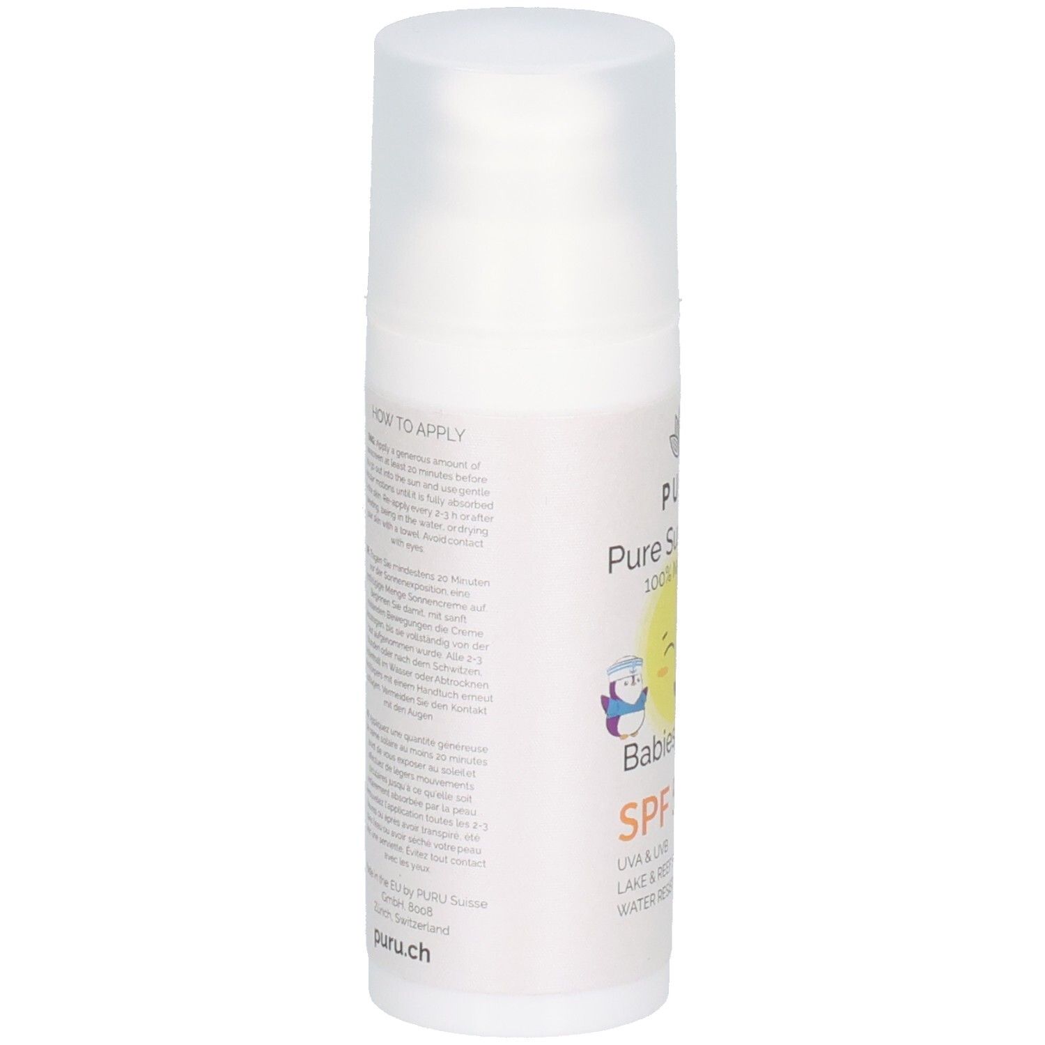 Sonnencreme-Flasche, Rückseite. Text: Anwendungshinweise in mehreren Sprachen. PURU Pure Sonnencreme Babys&Kinder SPF50.
