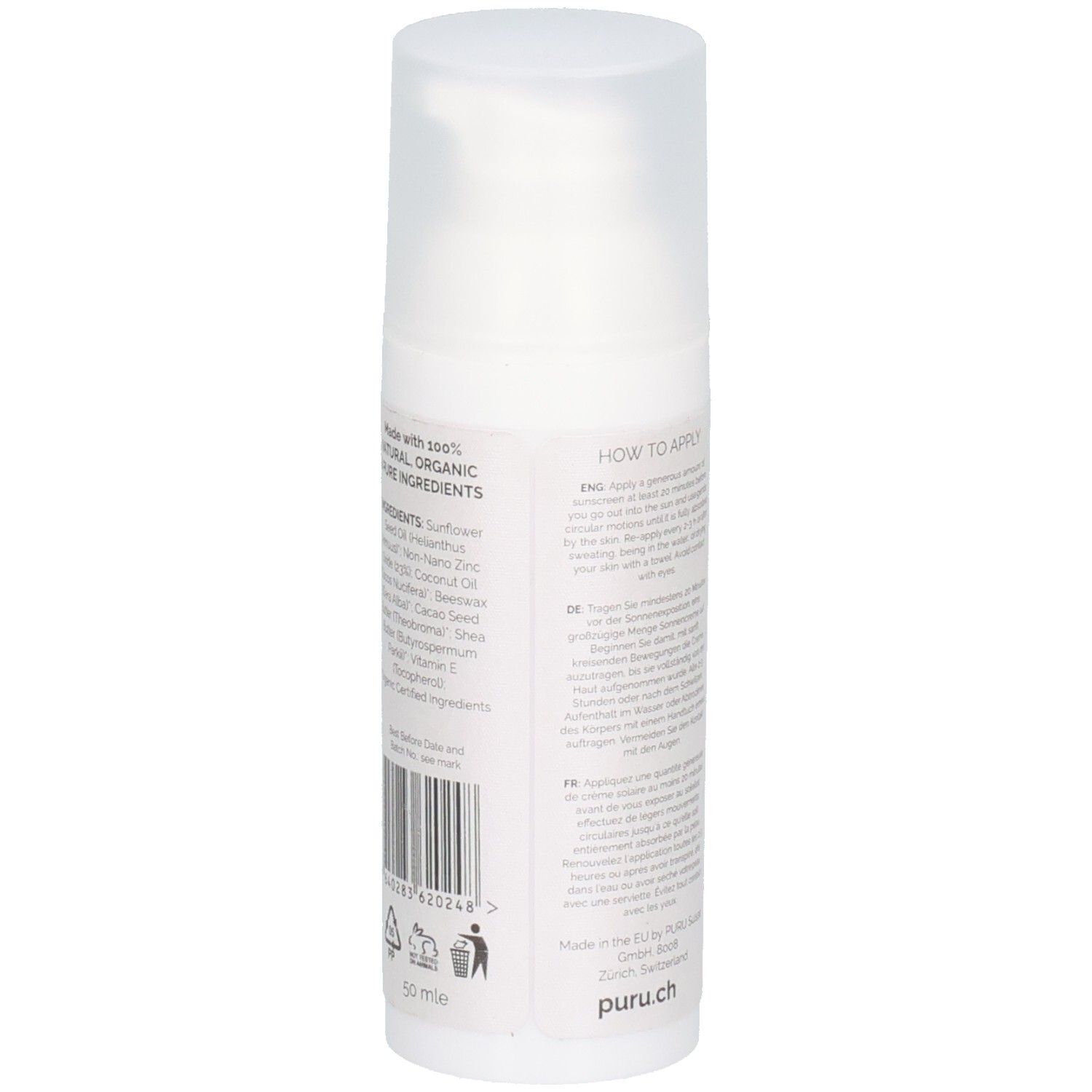 Sonnencreme-Flasche, Rückseite. Text: Inhaltsstoffe, Anwendungshinweise. PURU Pure Sonnencreme Babys&Kinder SPF50.