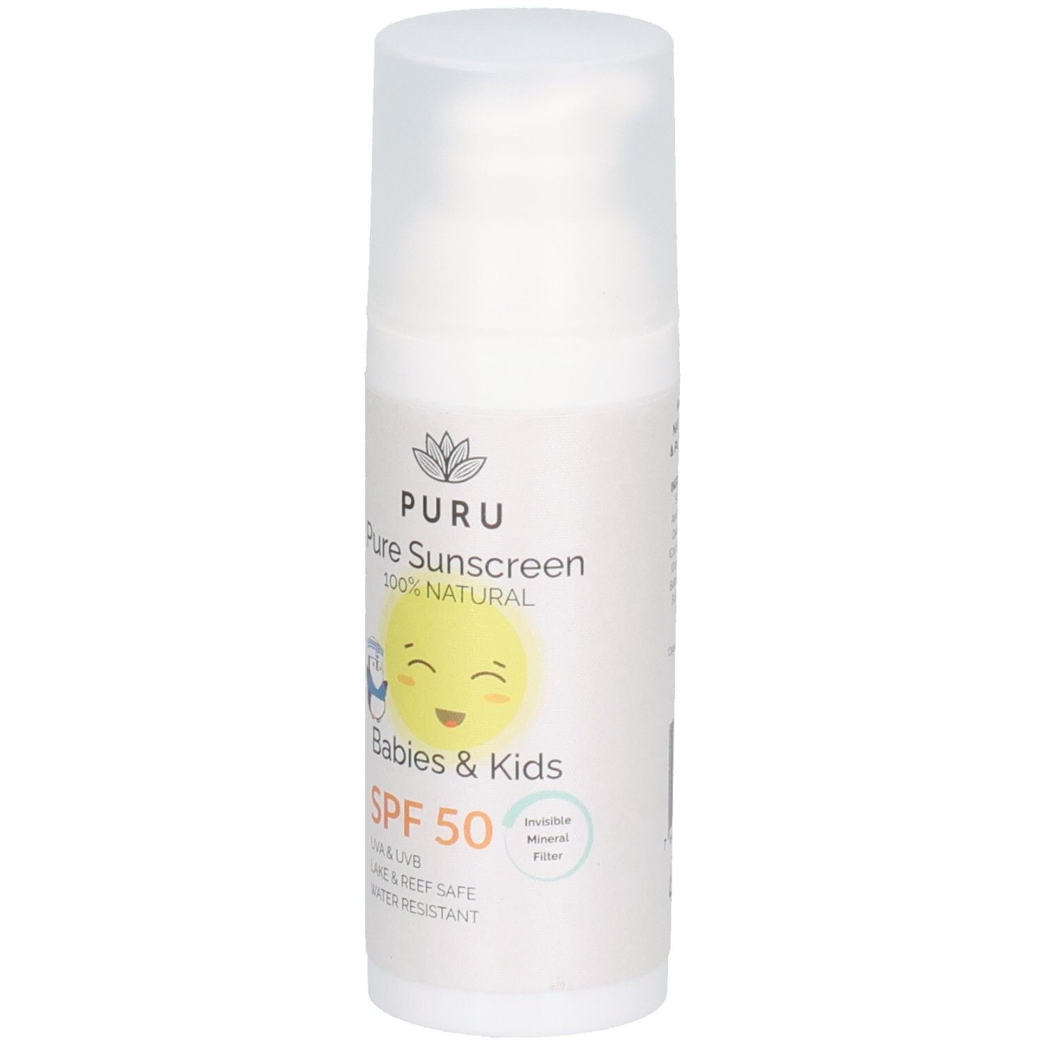 Weiße Sonnencreme-Flasche mit Pumpverschluss. Aufschrift: PURU Pure Sonnencreme Babys&Kinder SPF50. Mit Smiley-Illustration.