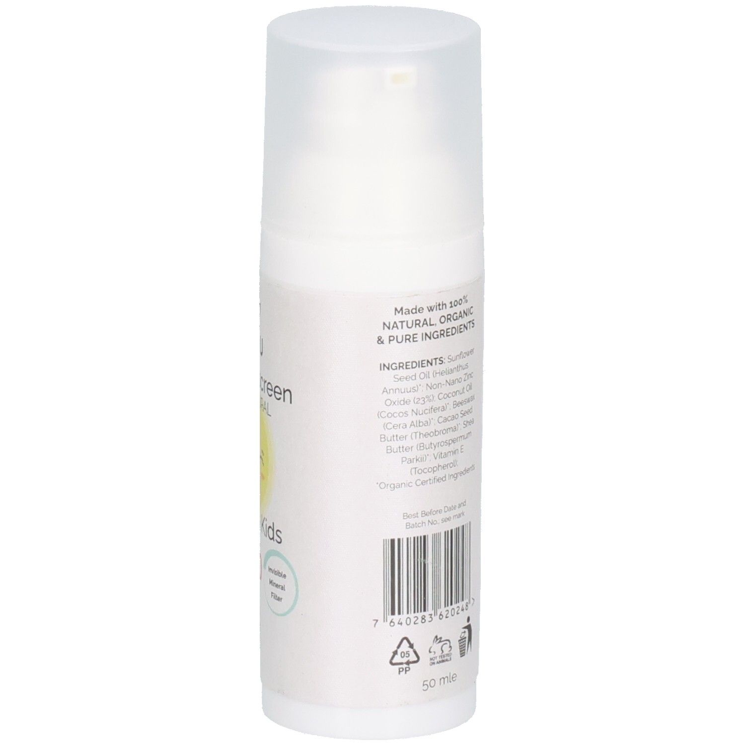 Sonnencreme-Flasche, Rückseite. Text: Inhaltsstoffe, Barcode. PURU Pure Sonnencreme Babys&Kinder SPF50.