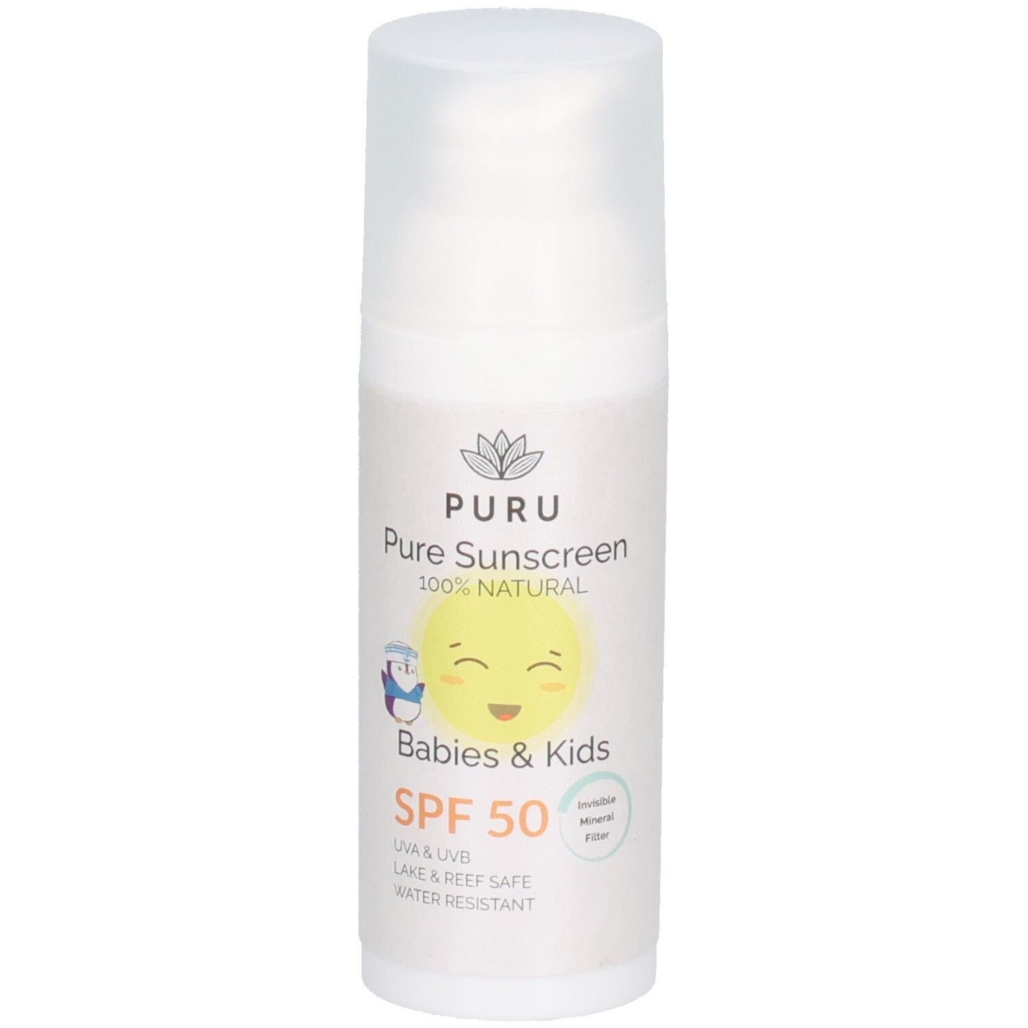Weiße Sonnencreme-Flasche mit Pumpverschluss. Aufschrift: PURU Pure Sonnencreme Babys&Kinder SPF50. Mit Smiley-Illustration.