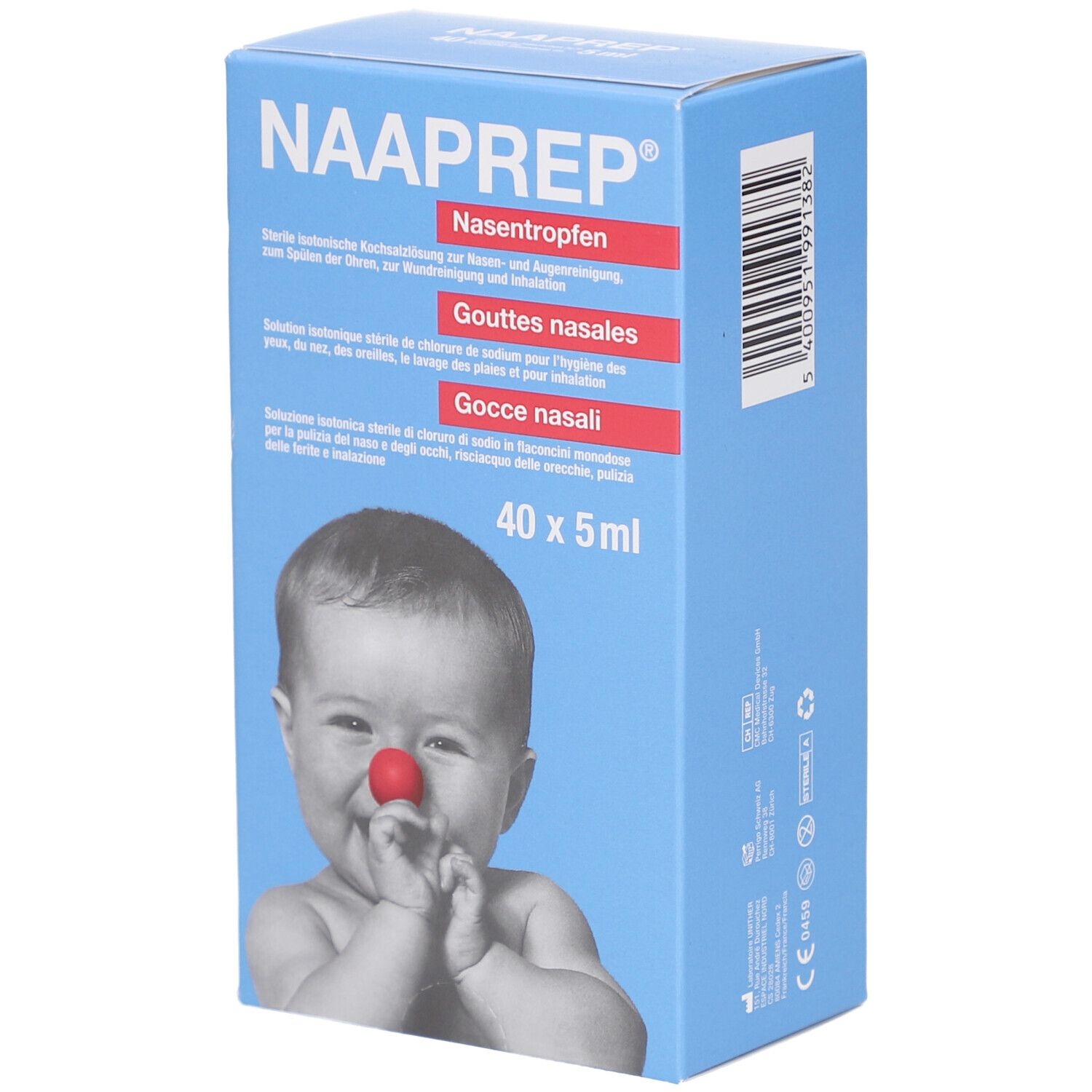 Boîte bleu et blanche avec nom du produit et bébé au nez rouge. Texte en allemand, français et italien. Contient 40 x 5 ml.