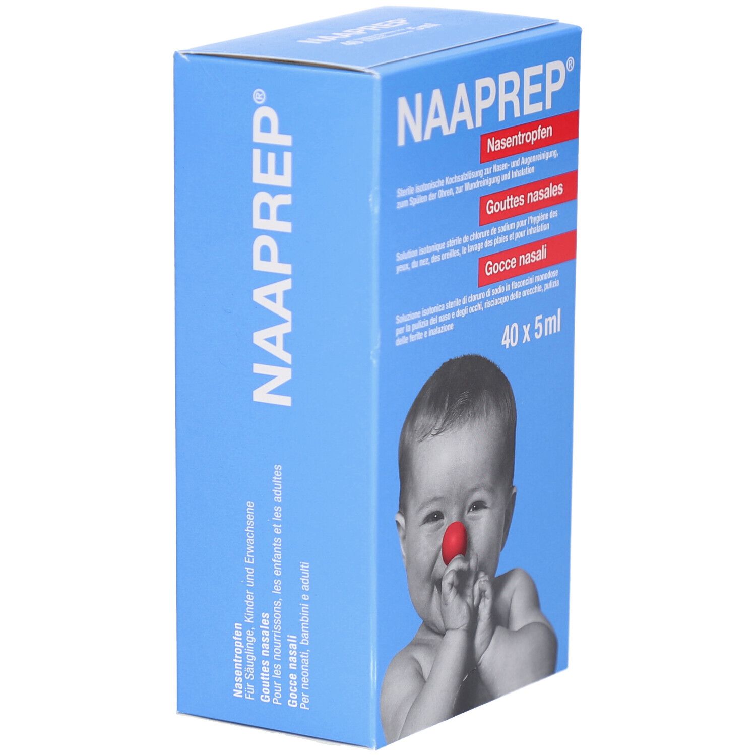 Boîte bleue avec nom du produit et bébé au nez rouge. Texte en allemand, français et italien. Contient 40 x 5 ml.