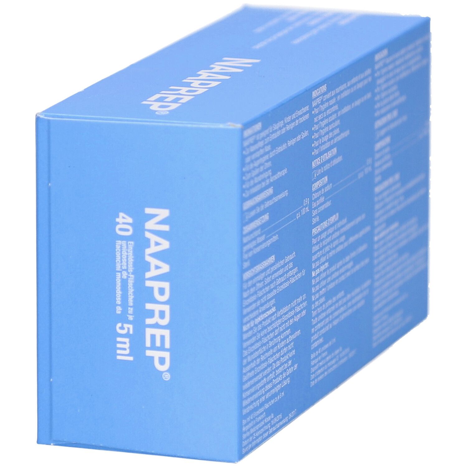 Boîte bleue avec nom du produit et texte. Contient 40 x 5 ml. Vue de dessus.