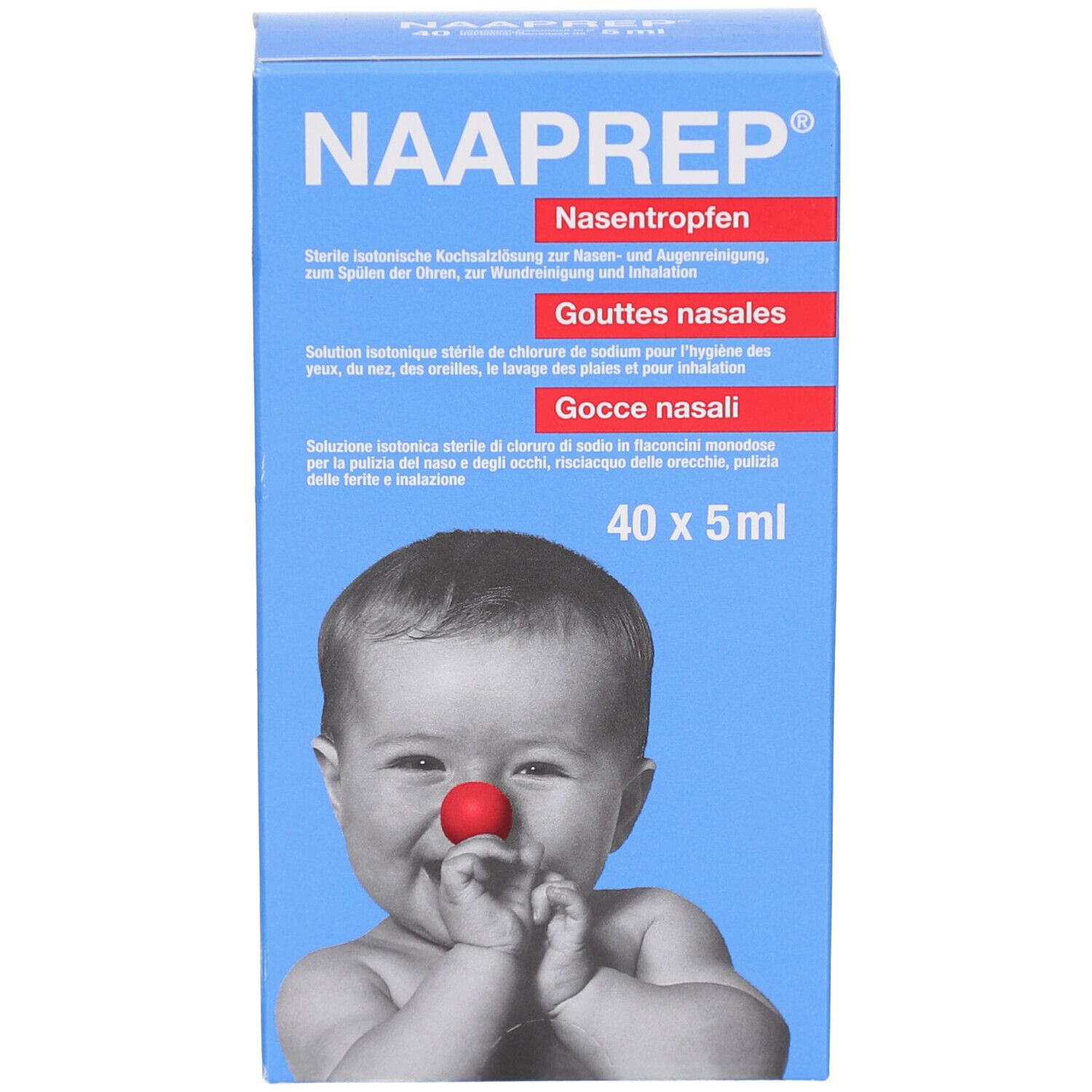 Boîte bleue avec nom du produit et bébé au nez rouge. Texte en allemand, français et italien. Contient 40 x 5 ml.