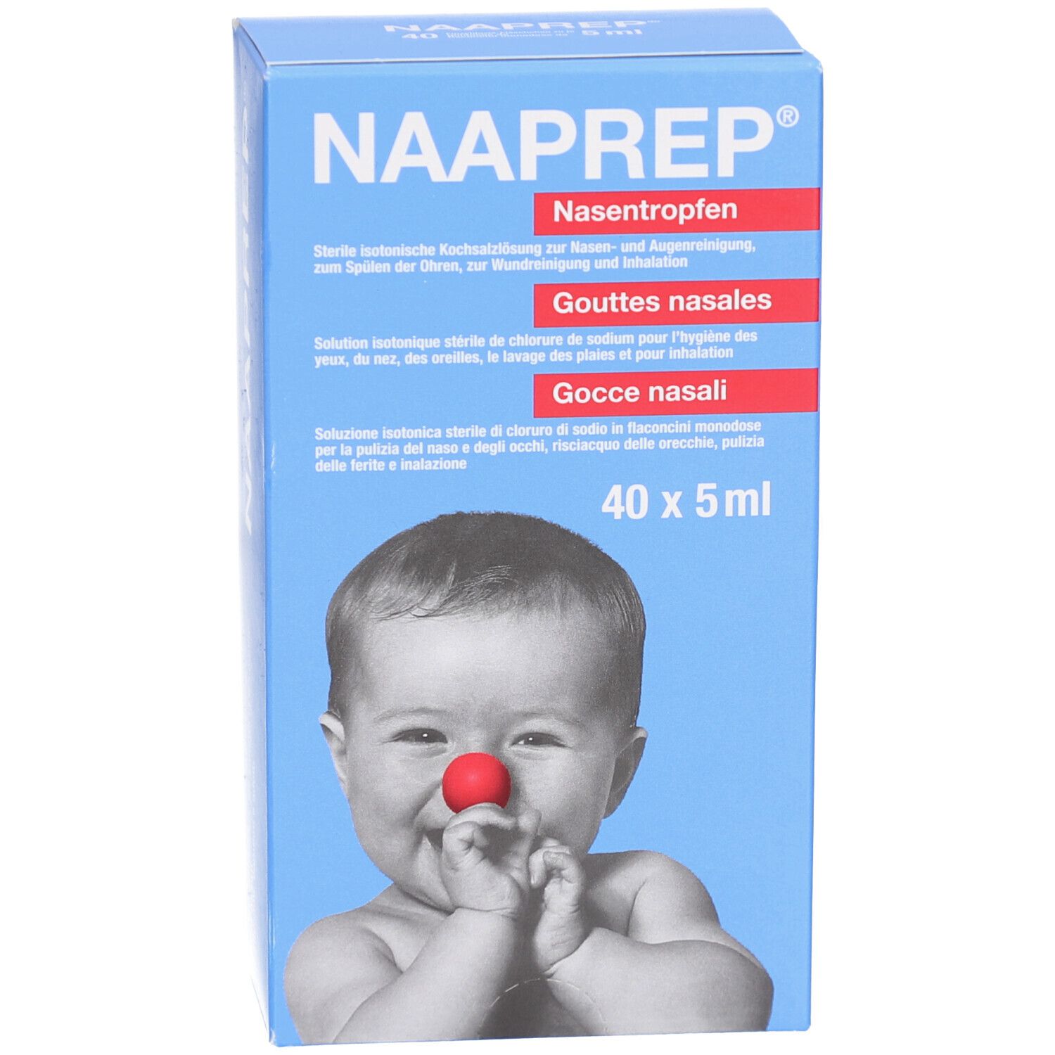 Boîte bleue avec nom du produit et bébé au nez rouge. Texte en allemand, français et italien. Contient 40 x 5 ml.