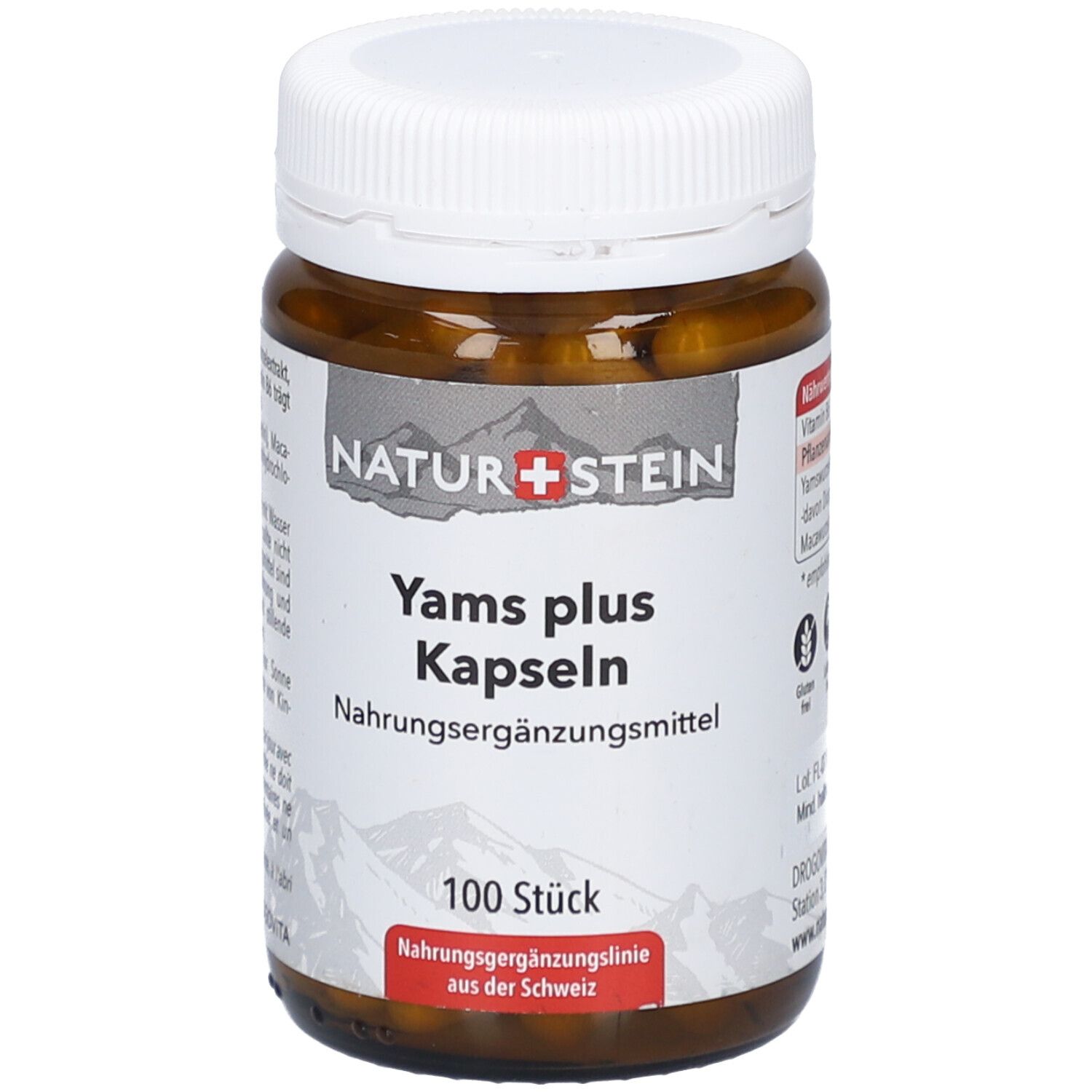 Braune Glasflasche mit weißen Kapseln. Aufschrift: NATURSTEIN, Yams plus Kapseln, Nahrungsergänzungsmittel, 100 Stück.