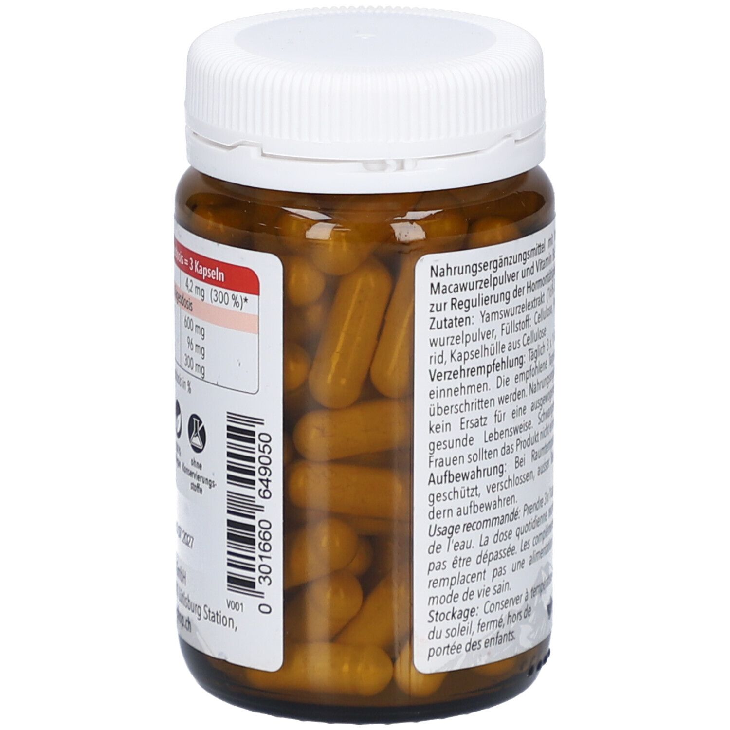 Braune Glasflasche mit gelben Kapseln. Aufschrift: Nährwerttabelle. Marke: NATURSTEIN. Enthält 300mg Macawurzelpulver.