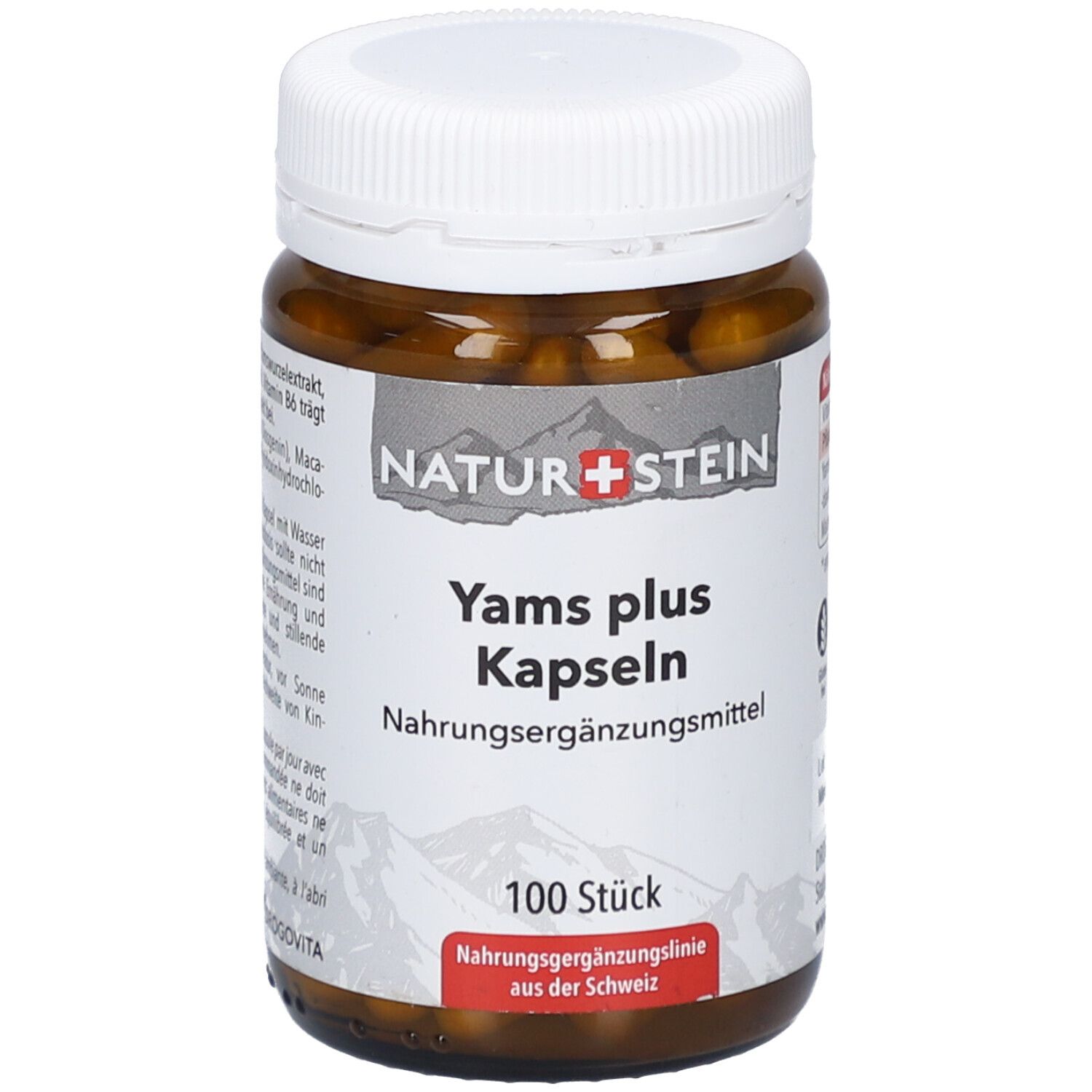 Braune Glasflasche mit weißen Kapseln. Aufschrift: NATURSTEIN, Yams plus Kapseln, Nahrungsergänzungsmittel, 100 Stück.