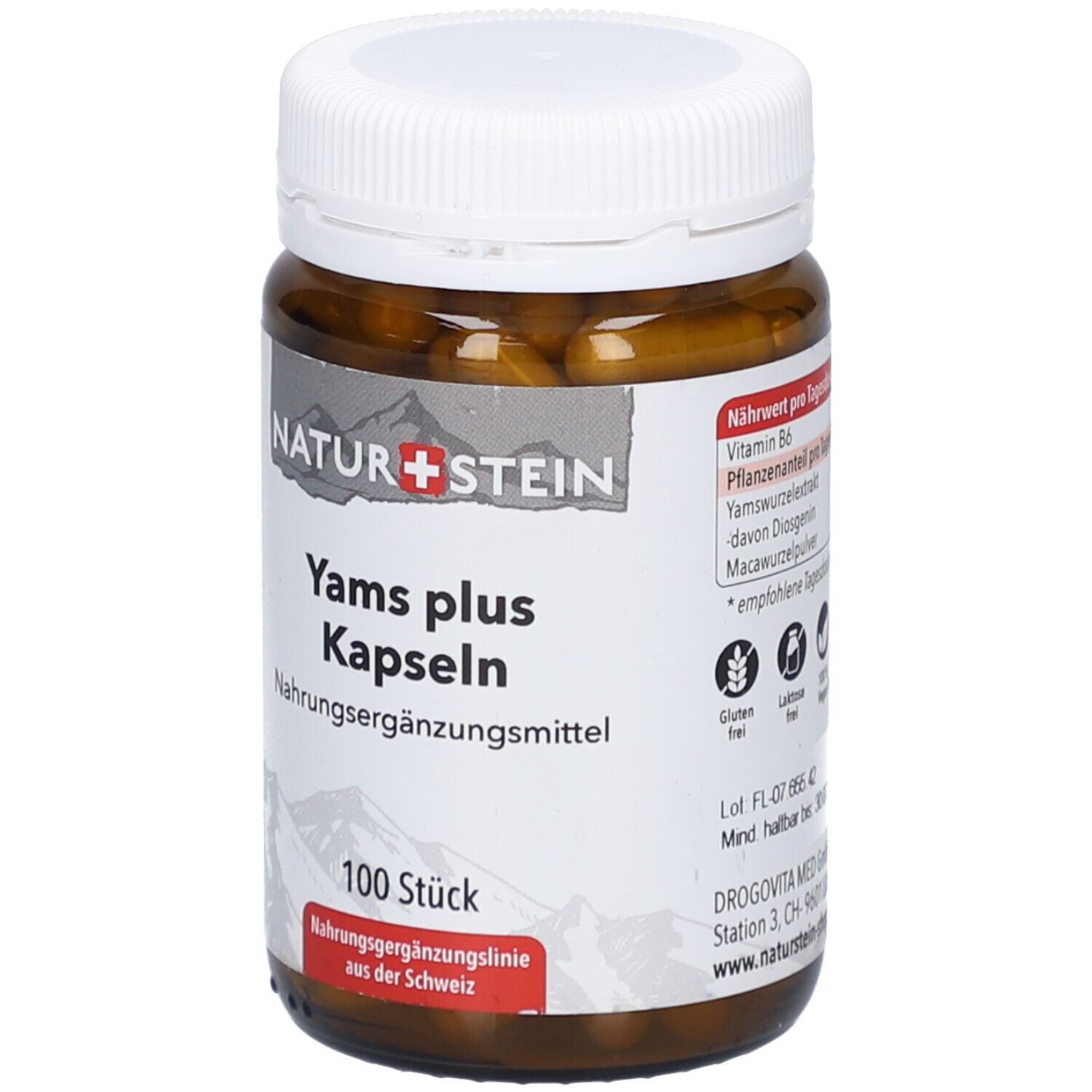 Braune Glasflasche mit weißen Kapseln. Aufschrift: NATURSTEIN, Yams plus Kapseln, Nahrungsergänzungsmittel, 100 Stück. Glutenfrei.