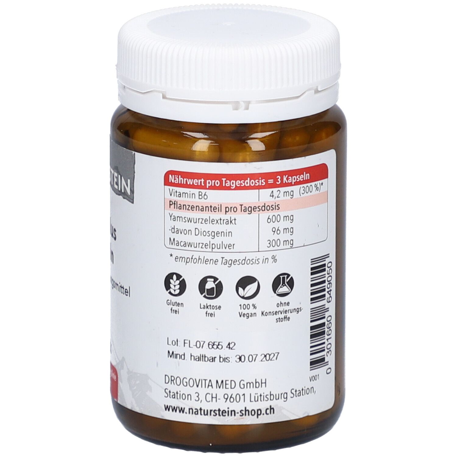 Braune Glasflasche mit Text. Aufschrift: Nährwert pro Tagesdosis. Enthält Vitamin B6, Yamswurzelextrakt, Macawurzelpulver. Glutenfrei.