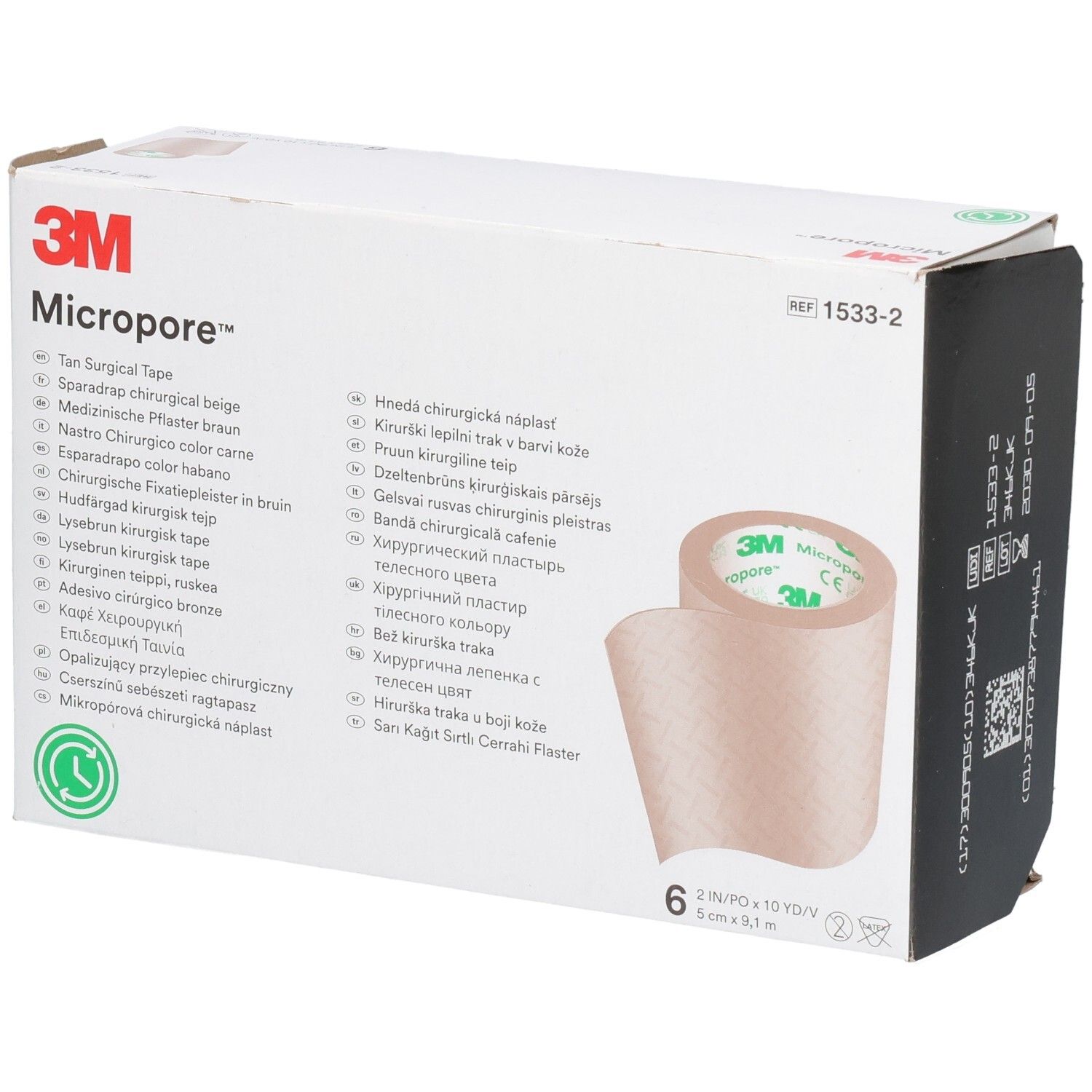 Verpackung mit 3M Micropore Pflaster. Enthält 6 Rollen. Beige chirurgisches Klebeband. Aufdruck mit Produktinformationen.