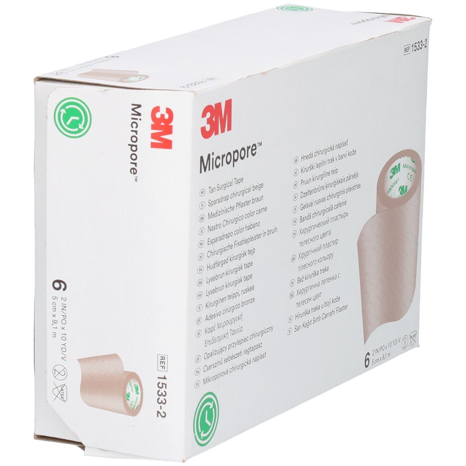 3M Micropore Verpackung mit 6 Rollen. Beige chirurgisches Klebeband. Produktinformationen und Logo auf der Verpackung.