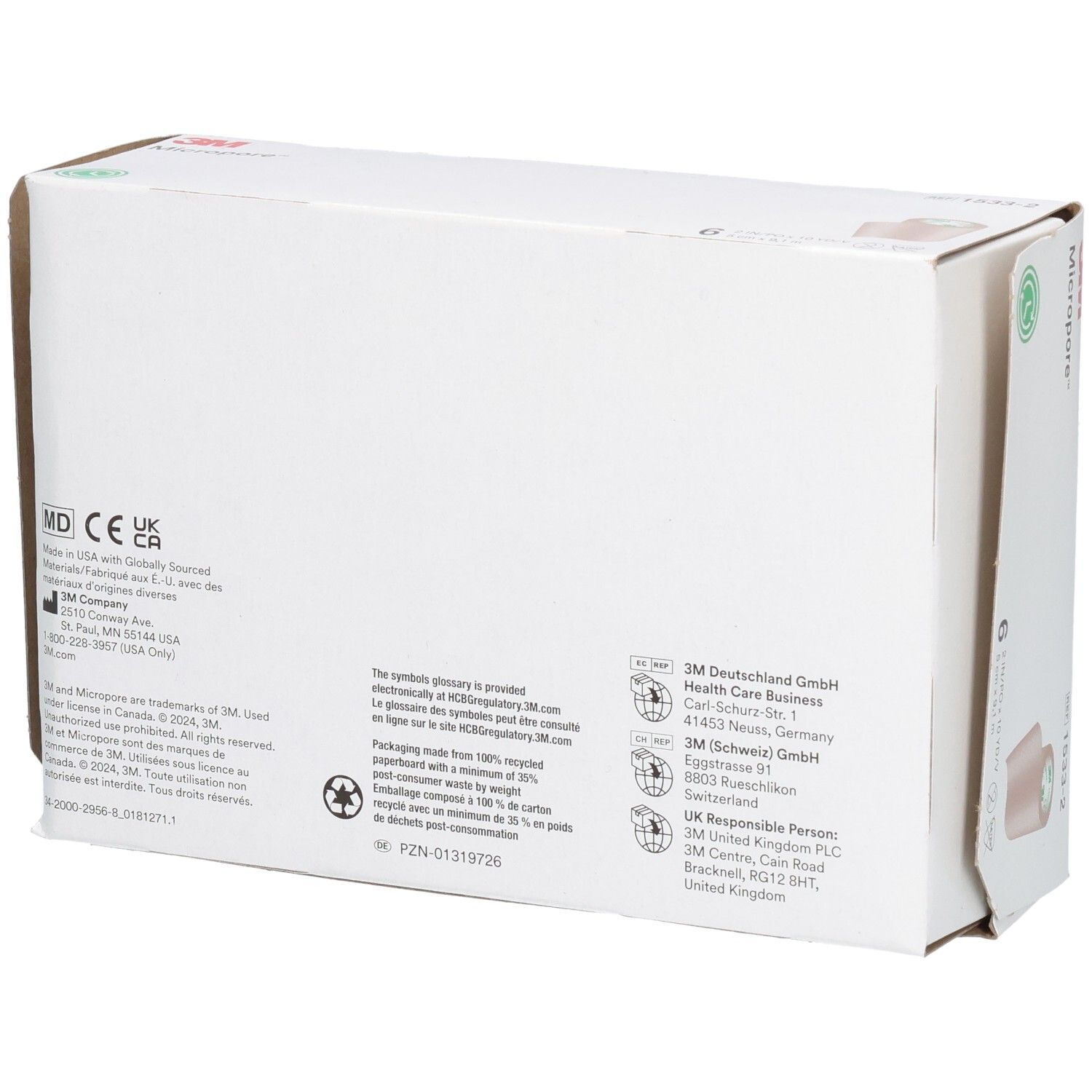 Rückseite der 3M Micropore Verpackung. Informationen zu Hersteller, Zertifizierungen und Recycling.