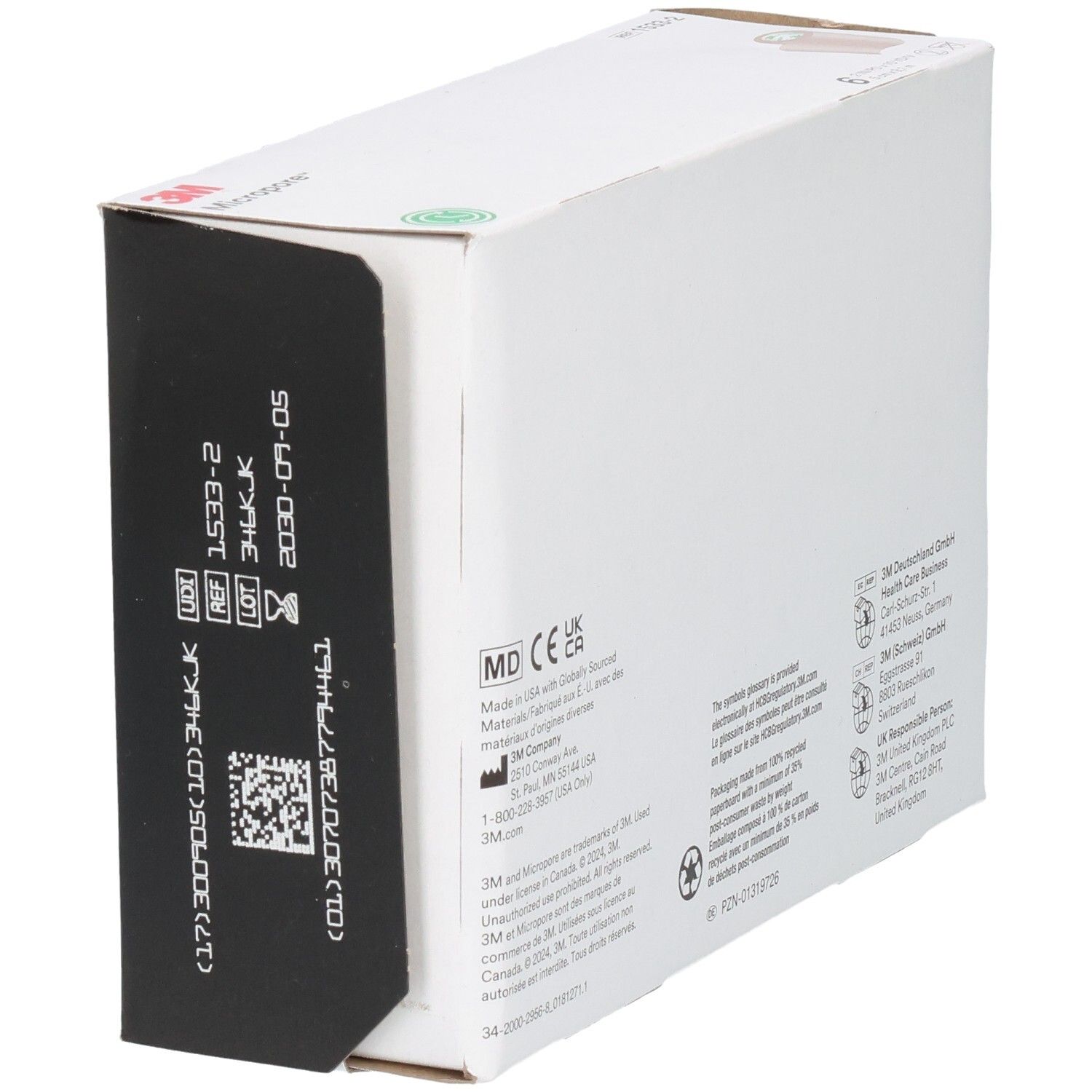 Seitenansicht der 3M Micropore Verpackung. Produktreferenznummer, Chargennummer und weitere Informationen.