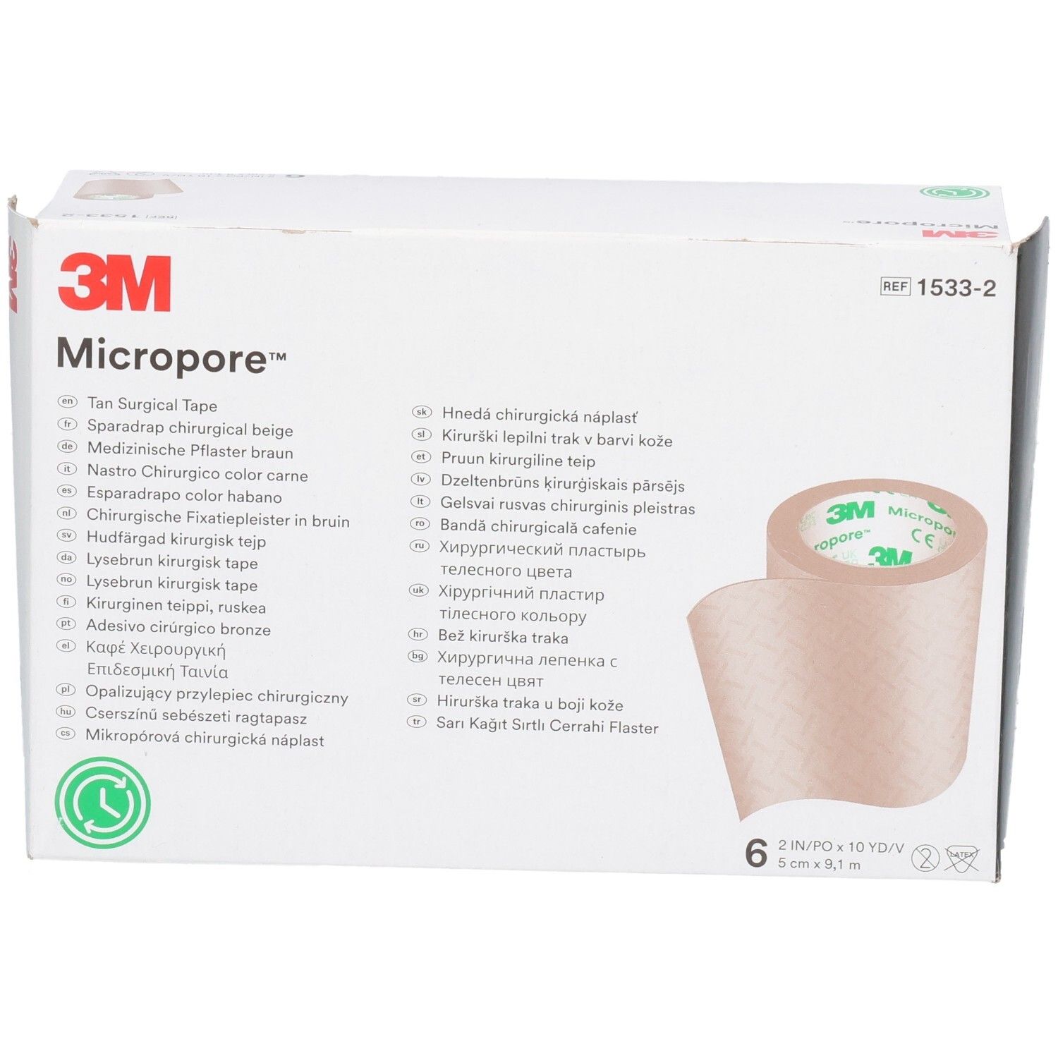 3M Micropore Verpackung mit 6 Rollen. Beige chirurgisches Klebeband. Produktinformationen und Logo.