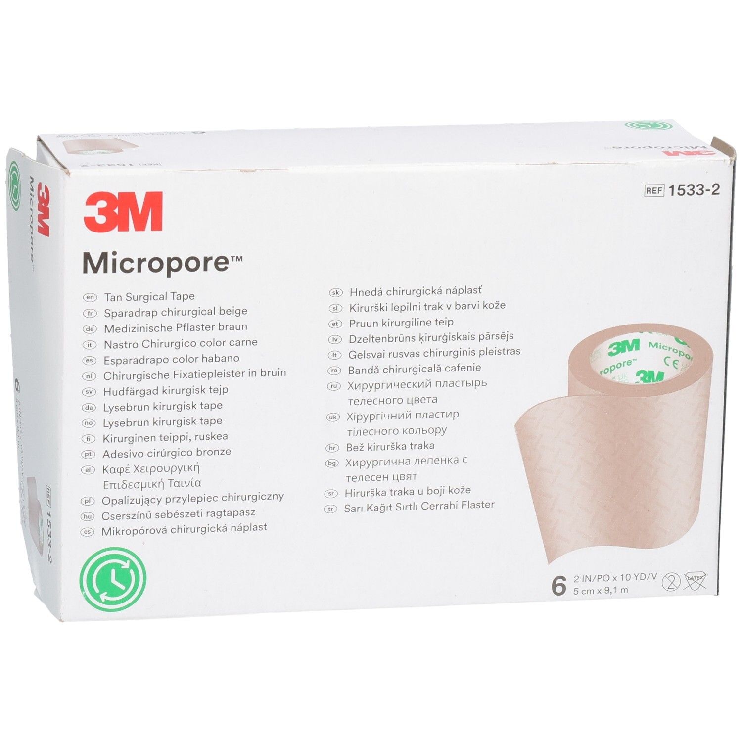 3M Micropore Verpackung mit 6 Rollen. Beige chirurgisches Klebeband. Produktinformationen und Logo.