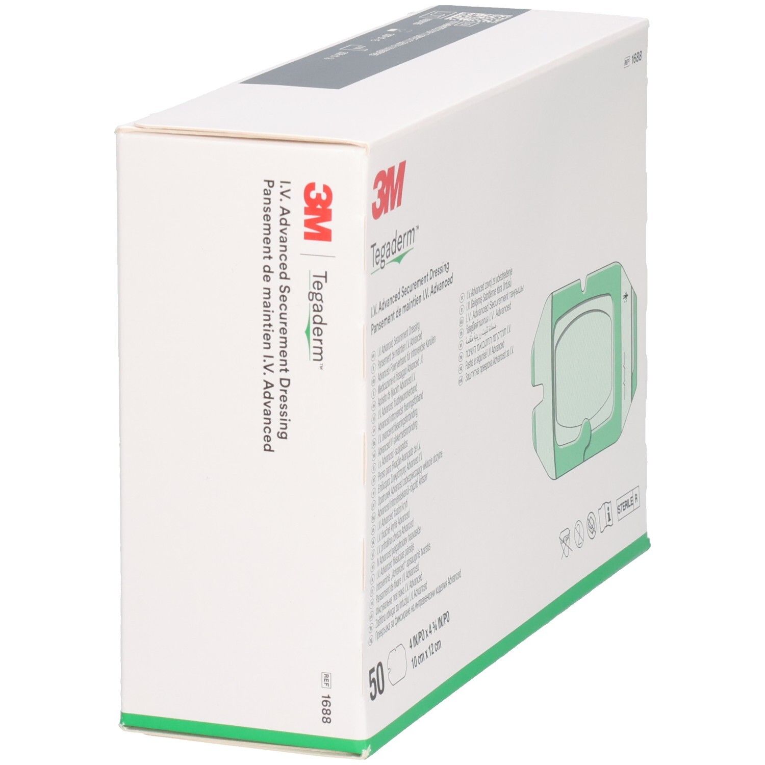 3M Tegaderm™ I.V. Advanced Verpackung. Weißer Karton mit Produktabbildung. Enthält 50 Stück, 10 x 12 cm.