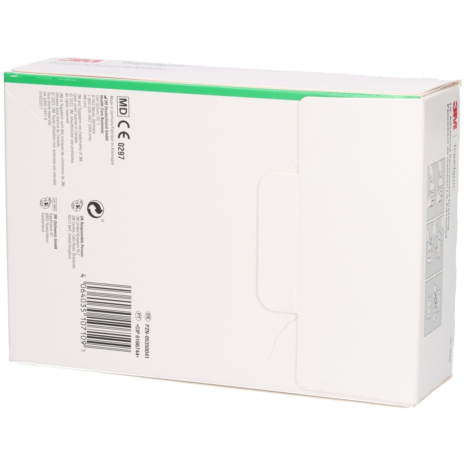 Rückseite der 3M Tegaderm™ I.V. Advanced Verpackung. Weißer Karton mit Text und Barcode. CE-Kennzeichnung.
