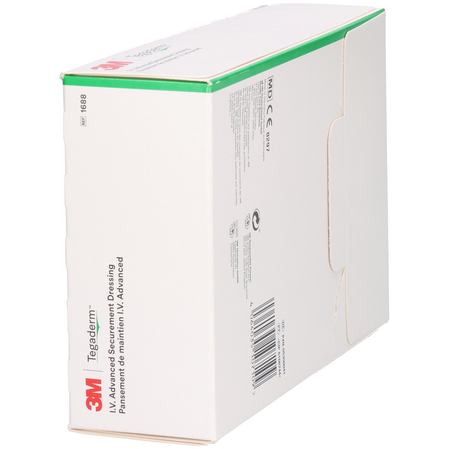 3M Tegaderm™ I.V. Advanced Verpackung. Weißer Karton mit grünen Akzenten. CE-Kennzeichnung.