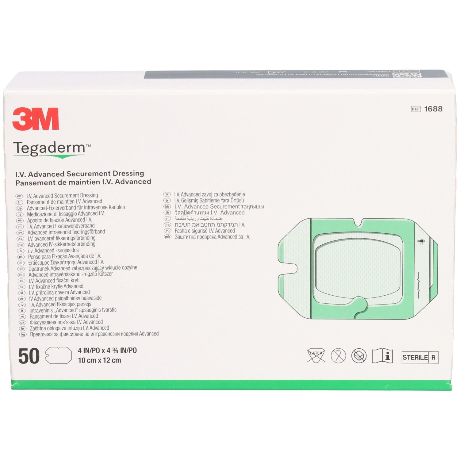 3M Tegaderm™ I.V. Advanced Verpackung. Weißer Karton mit Produktabbildung und Text. Enthält 50 Stück, 10 x 12 cm.