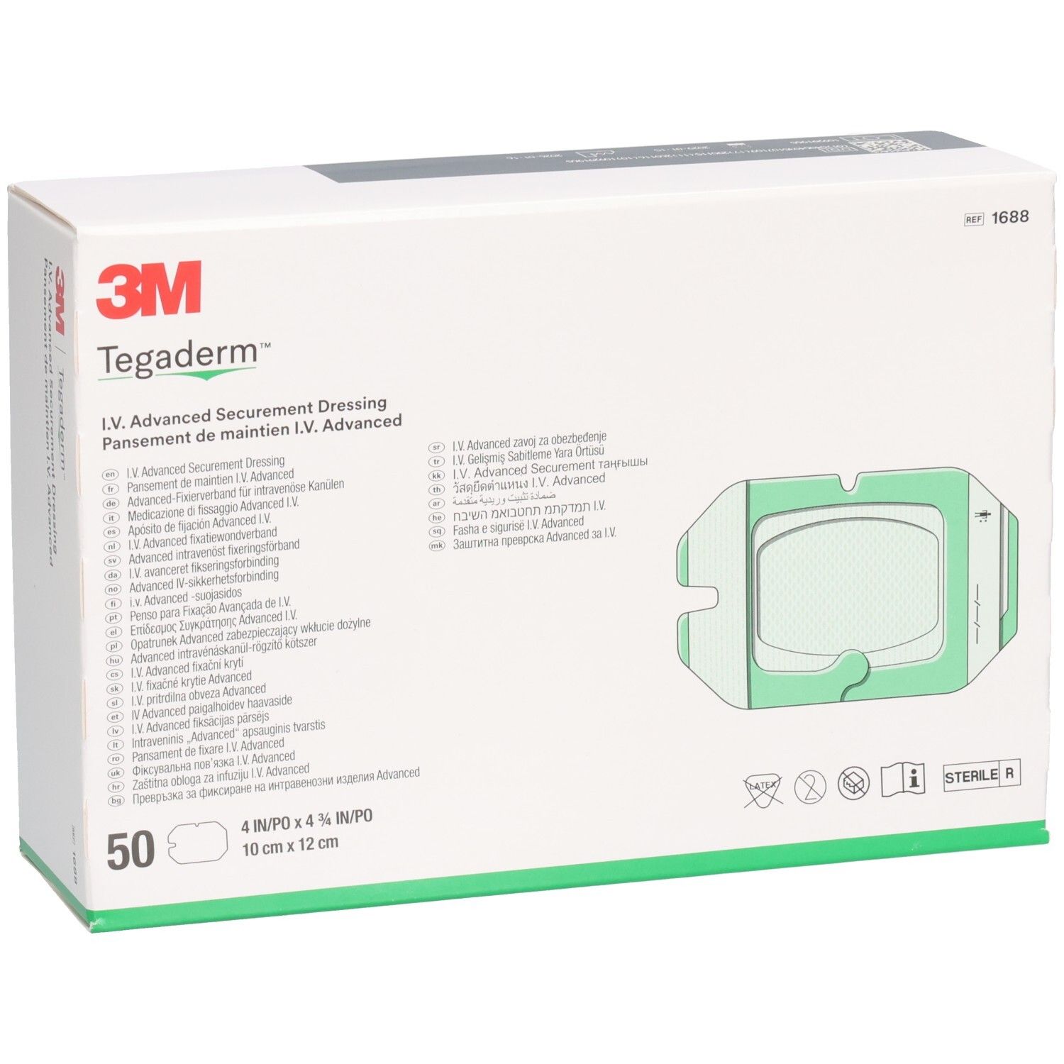 3M Tegaderm™ I.V. Advanced Verpackung. Weißer Karton mit Produktabbildung und Text. Enthält 50 Stück, 10 x 12 cm.