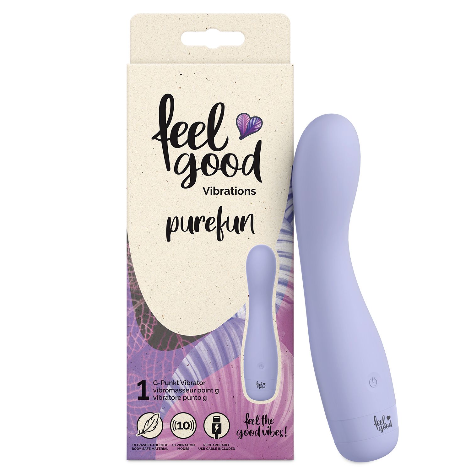 Lila Vibrator und Verpackung. Verpackung mit Produktabbildung und Schriftzug. Vibrator mit abgerundeter Form.